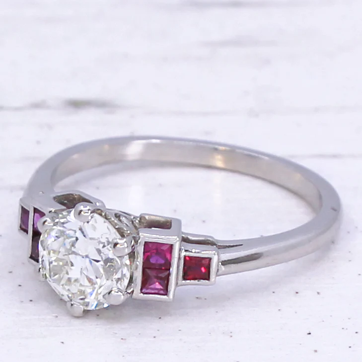 0.82 Carat Transitional Cut Diamond & Ruby Engagement Ring, Platinum