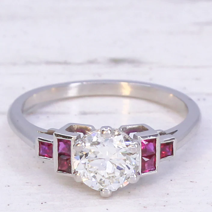 0.82 Carat Transitional Cut Diamond & Ruby Engagement Ring, Platinum - Image 3