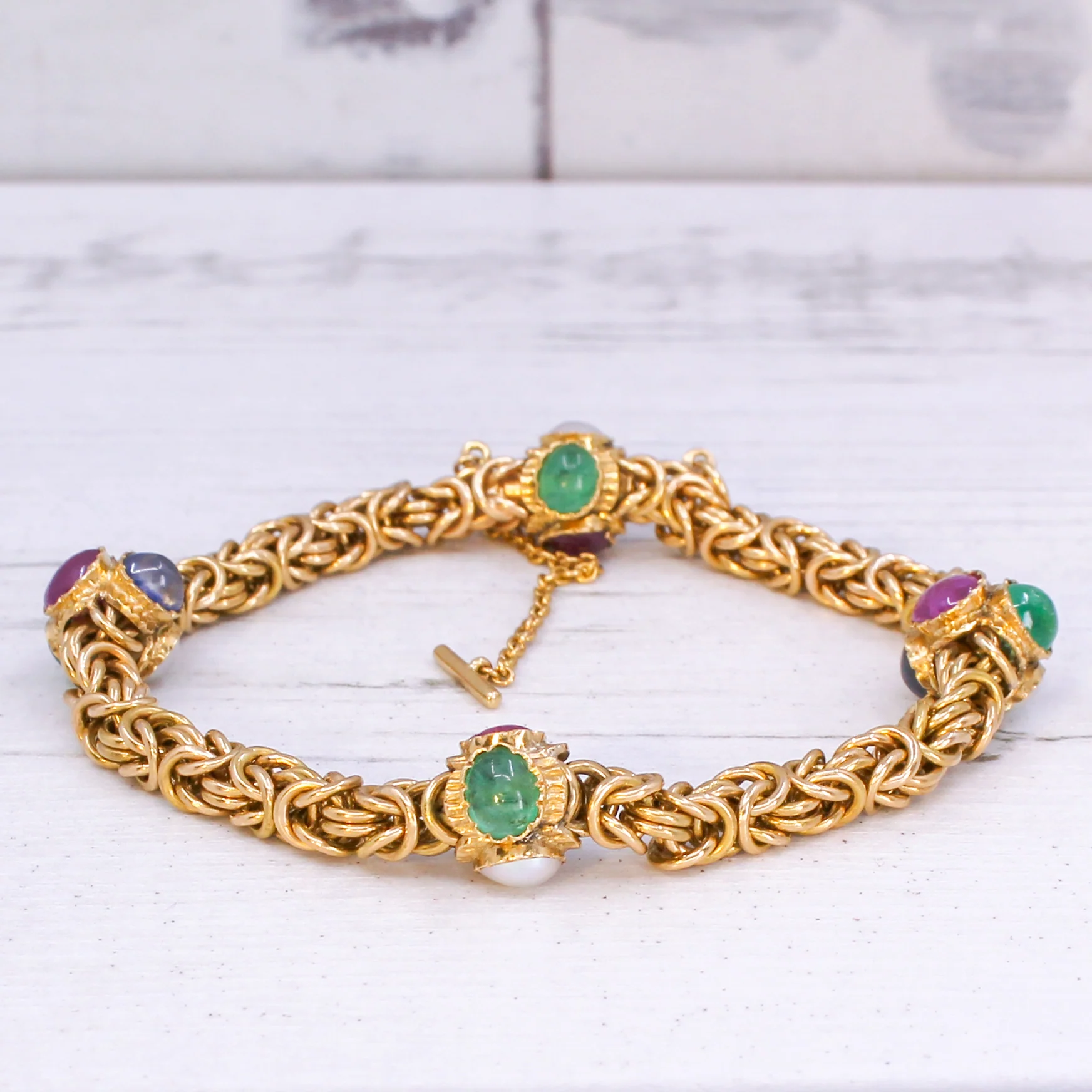 Antique Burmese Ruby, Sapphire, Emerald & Pearl Bracelet, Portuguese, circa 1930 - Image 3