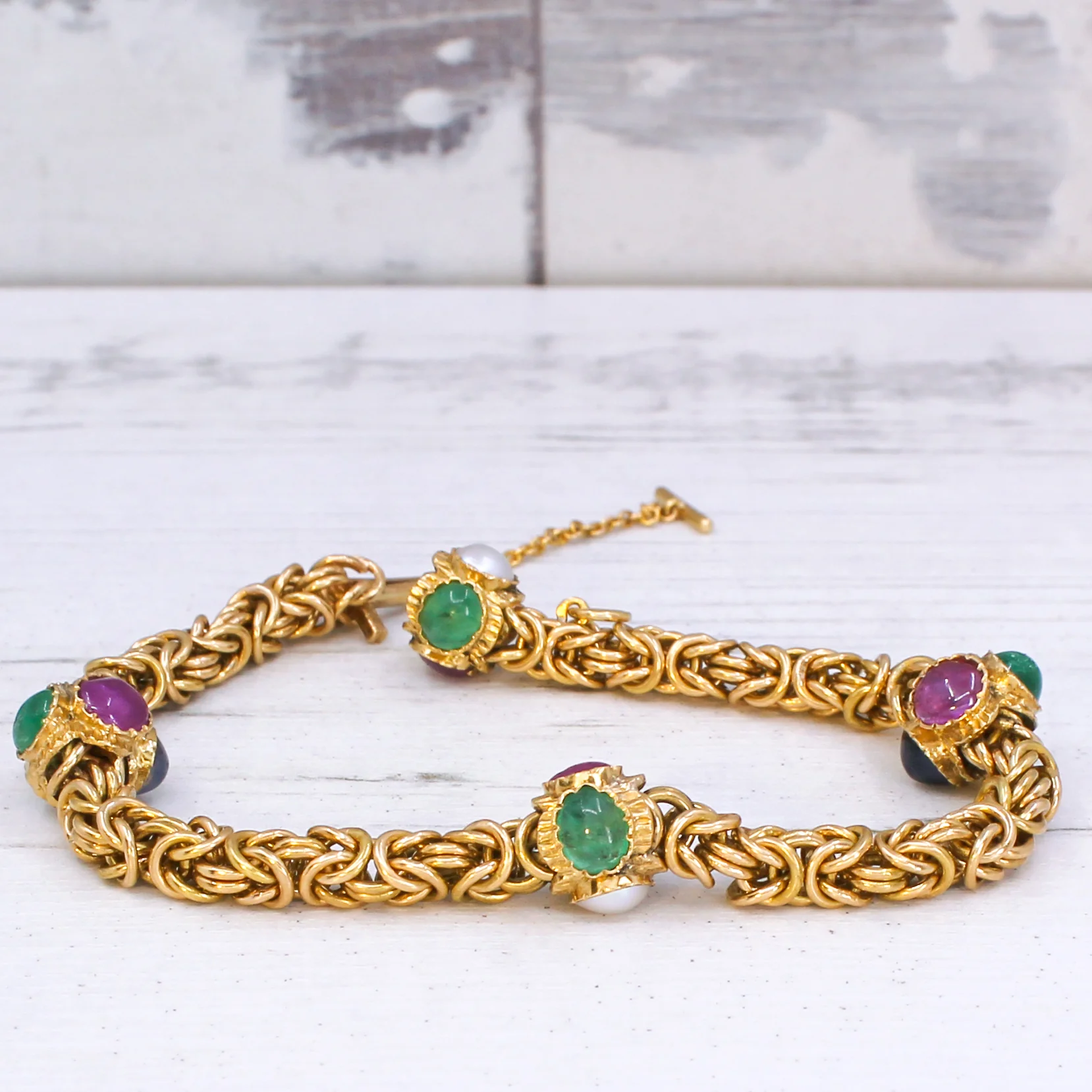 Antique Burmese Ruby, Sapphire, Emerald & Pearl Bracelet, Portuguese, circa 1930 - Image 4