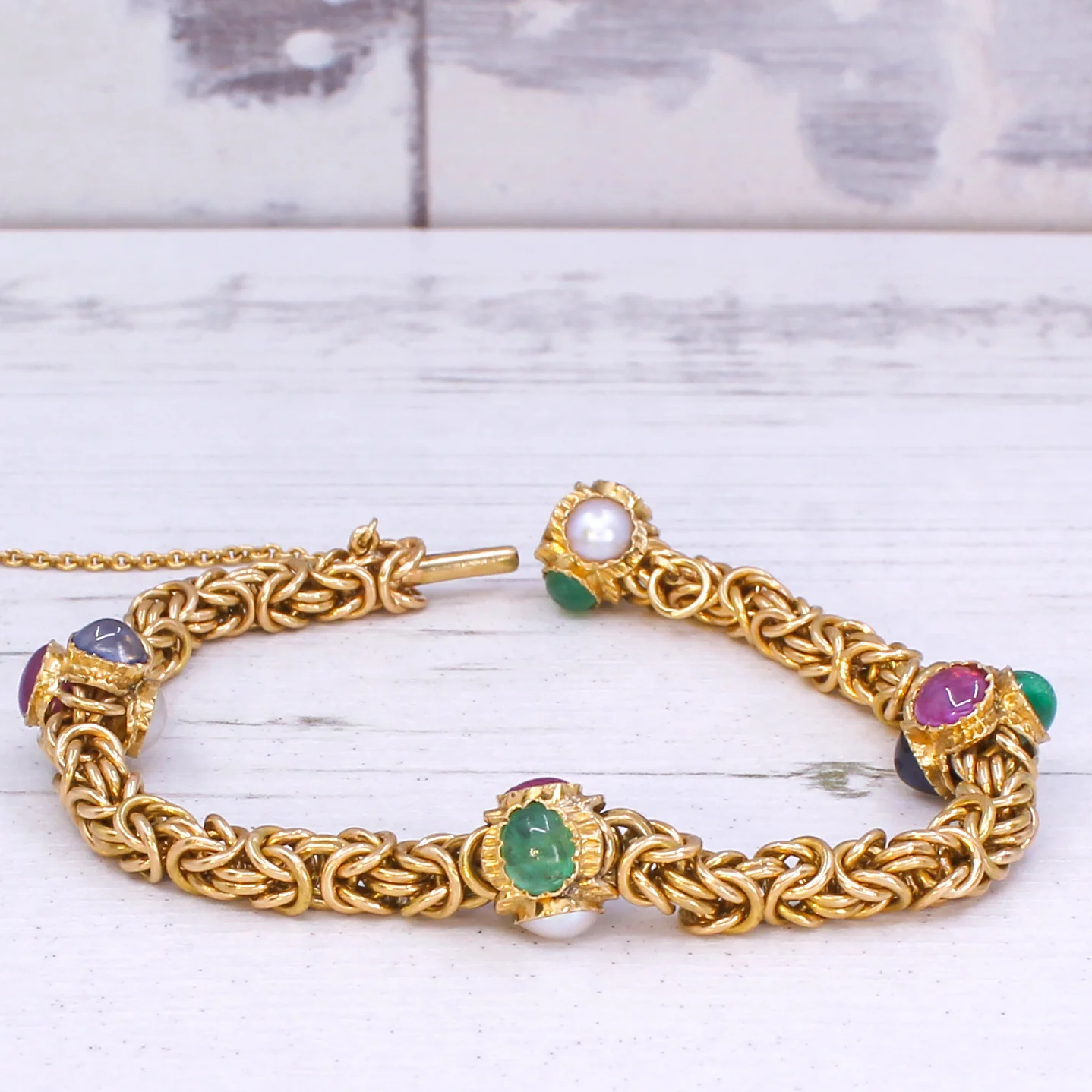 Antique Burmese Ruby, Sapphire, Emerald & Pearl Bracelet, Portuguese, circa 1930 - Image 5