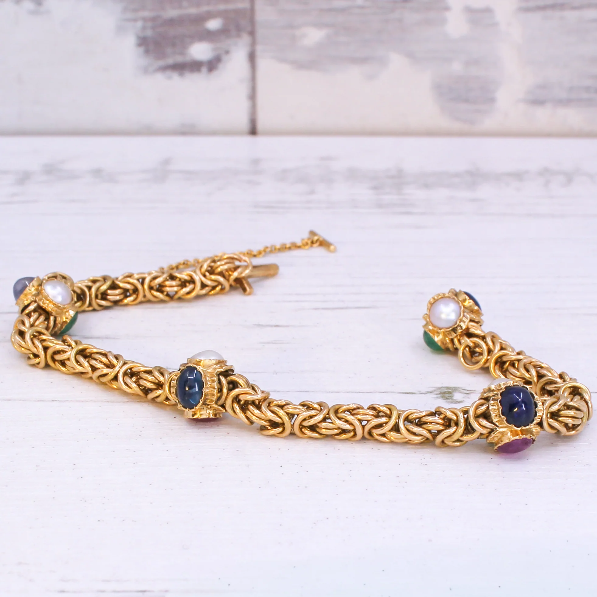 Antique Burmese Ruby, Sapphire, Emerald & Pearl Bracelet, Portuguese, circa 1930 - Image 6