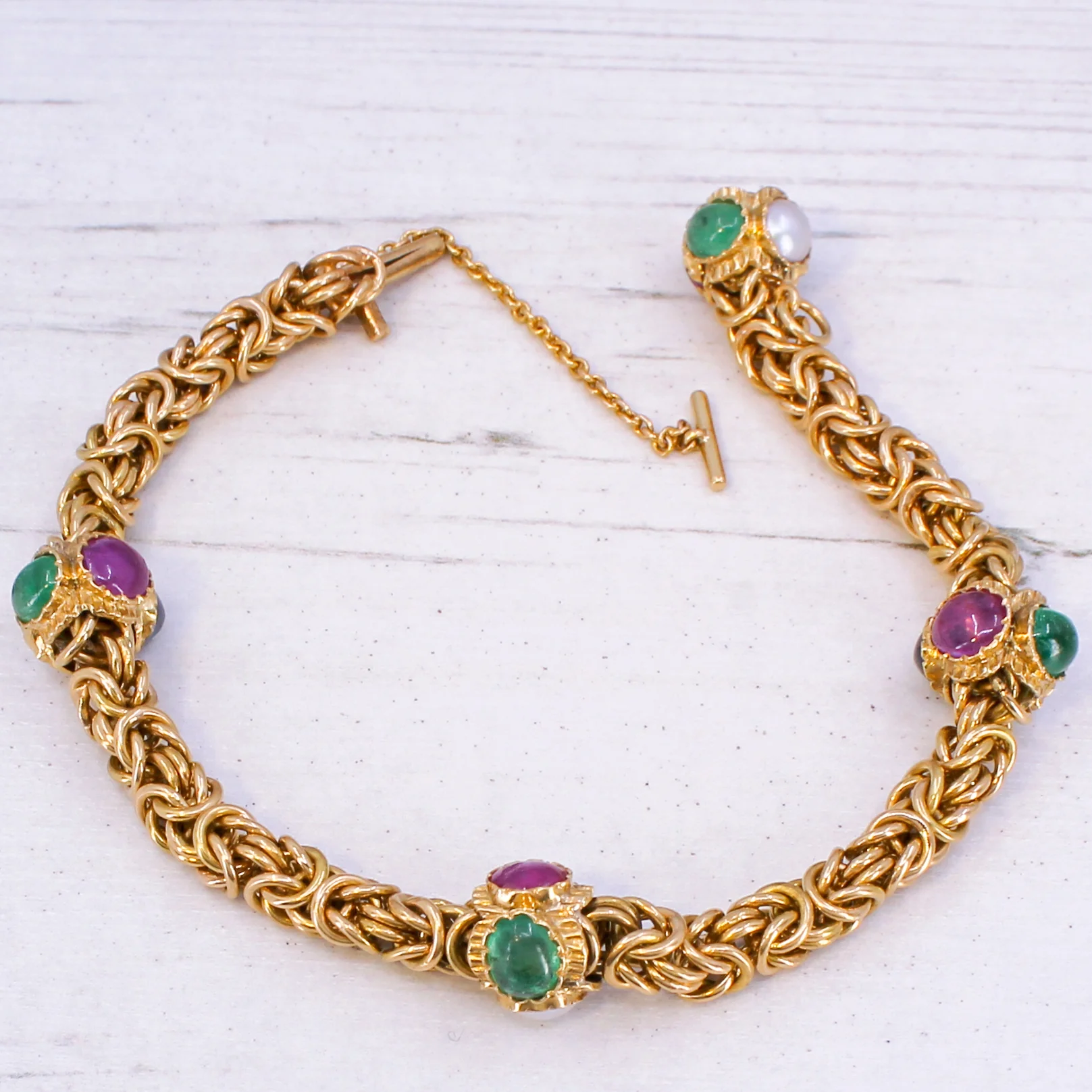 Antique Burmese Ruby, Sapphire, Emerald & Pearl Bracelet, Portuguese, circa 1930 - Image 7