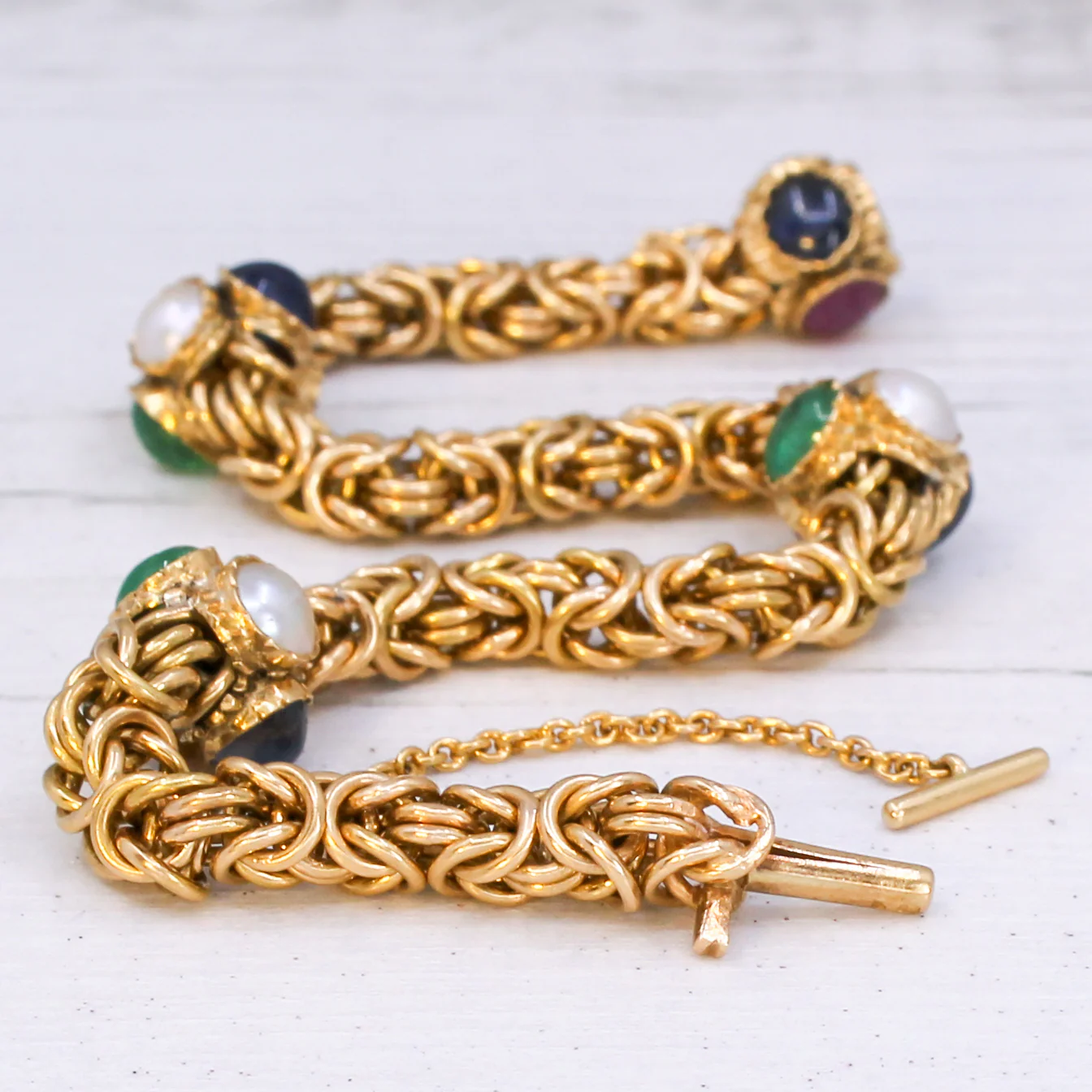 Antique Burmese Ruby, Sapphire, Emerald & Pearl Bracelet, Portuguese, circa 1930 - Image 8