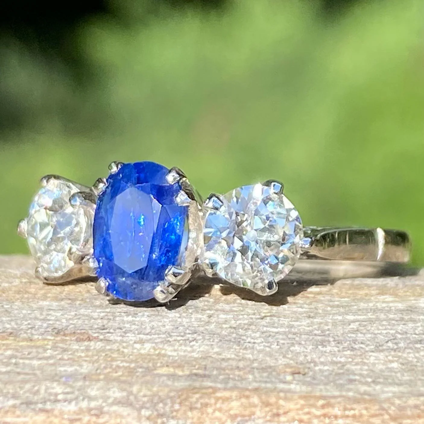 Art Deco 1.00 Carat Burmese Sapphire & 1.00 Carat Old Cut Diamond Trilogy Ring, circa 1925 - Image 9