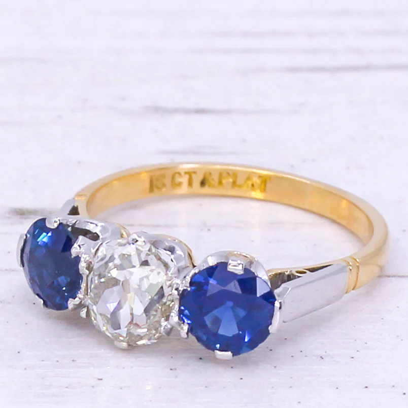 Art Deco 1.04 Carat Old Cut Diamond & 1.31 Carat Natural Sapphire Trilogy Ring, circa 1920