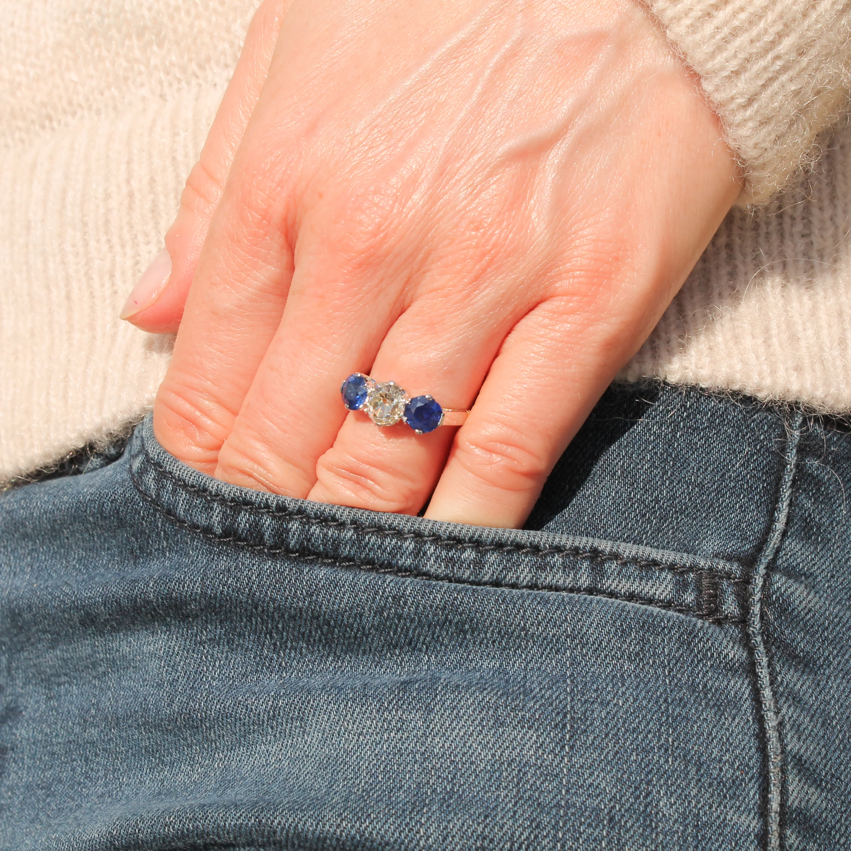 Art Deco 1.04 Carat Old Cut Diamond & 1.31 Carat Natural Sapphire Trilogy Ring, circa 1920 - Image 2