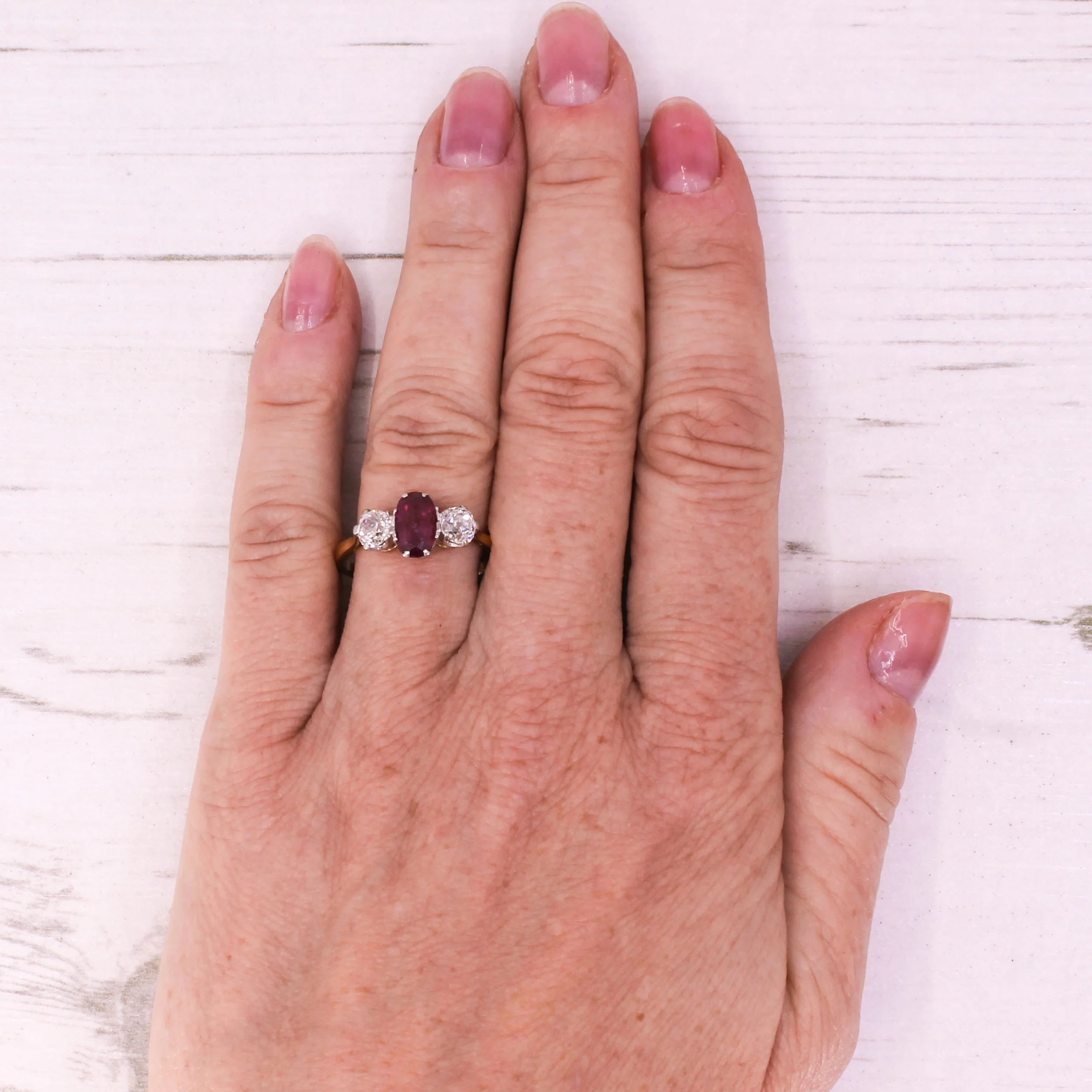 Art Deco 1.15 Carat Ruby & 0.90 Carat Diamond Three Stone Ring, circa 1935 - Image 7