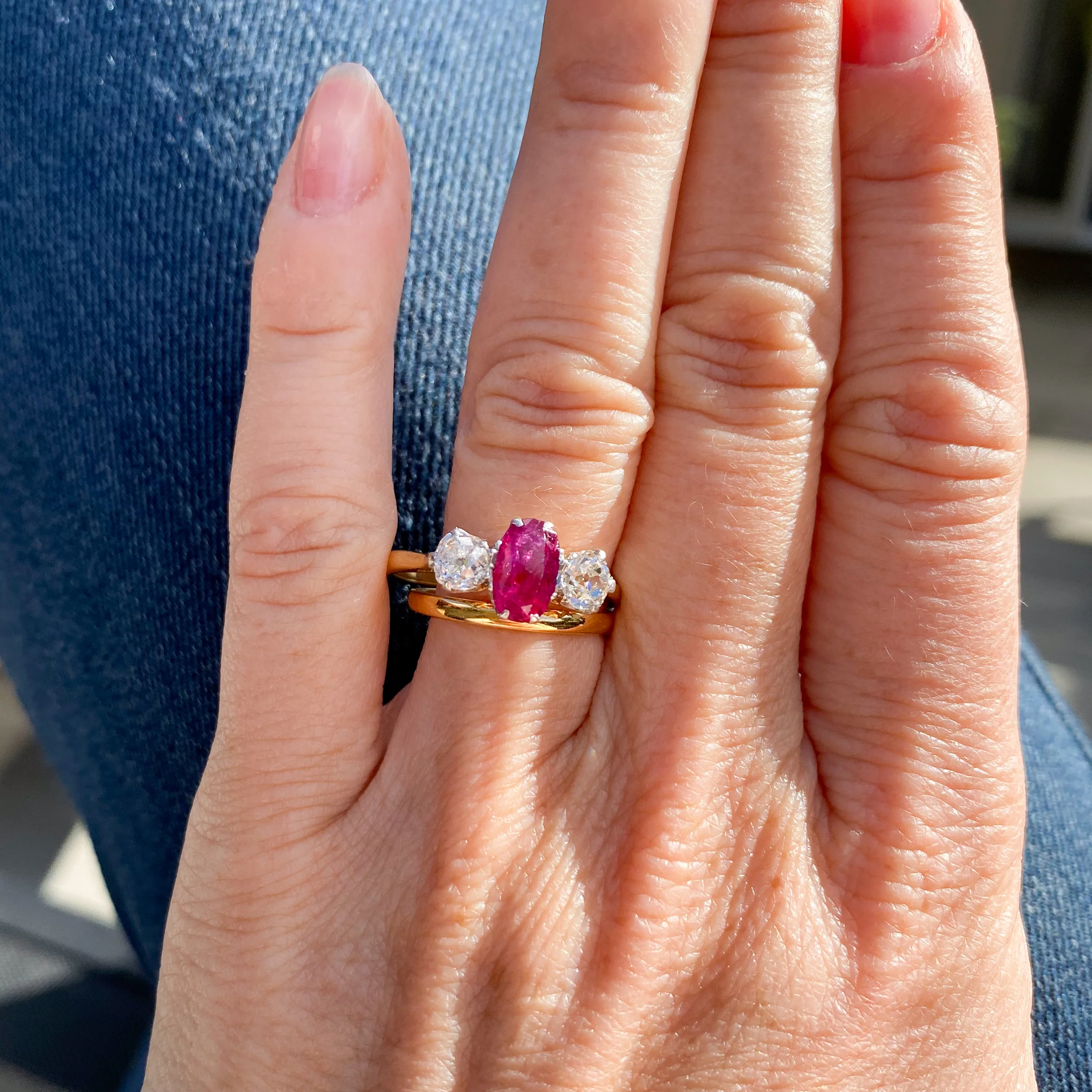 Art Deco 1.15 Carat Ruby & 0.90 Carat Diamond Three Stone Ring, circa 1935 - Image 9