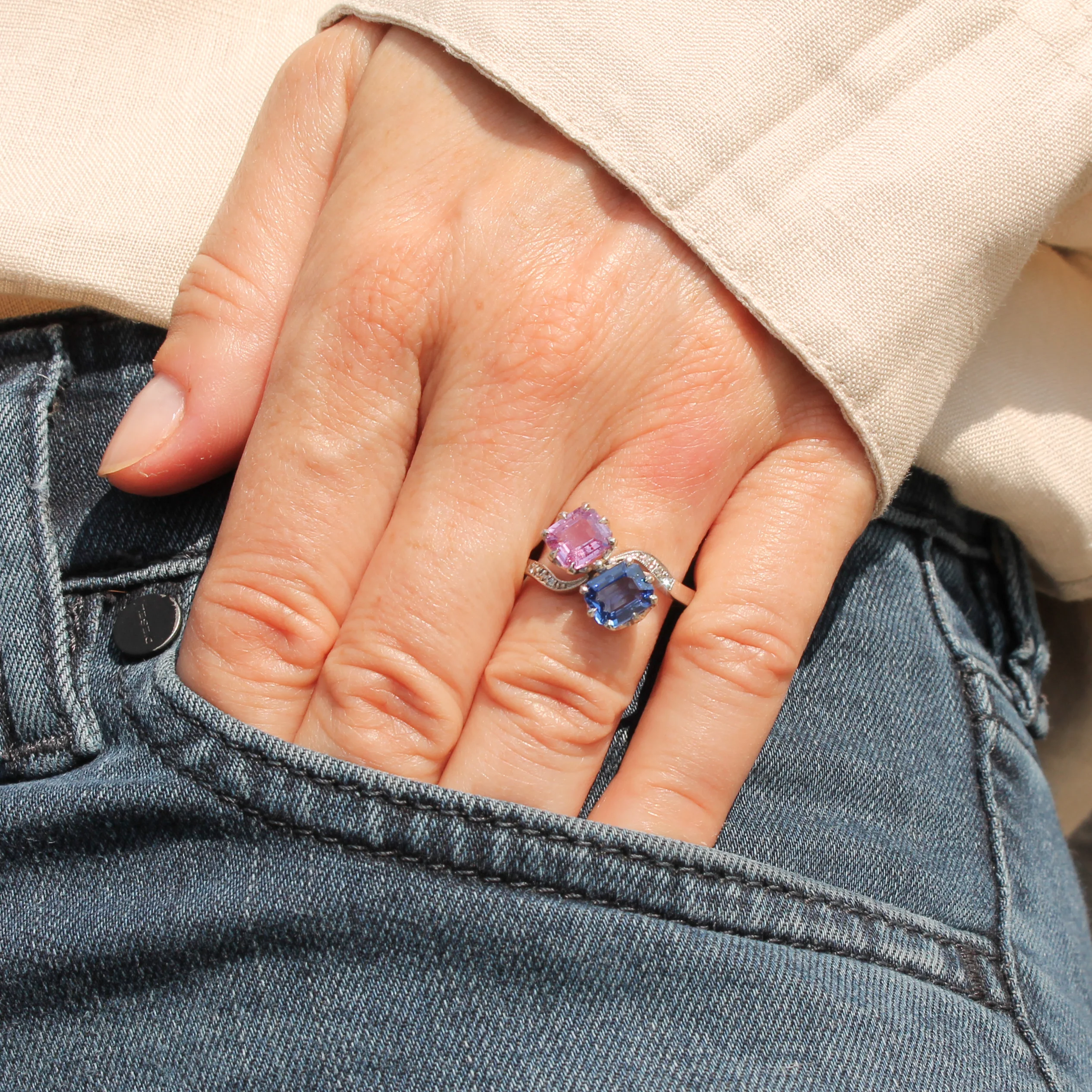 Art Deco 1.30 Carat Blue & 1.10 Carat Pink Natural Sapphire Ring, circa 1930 - Image 7