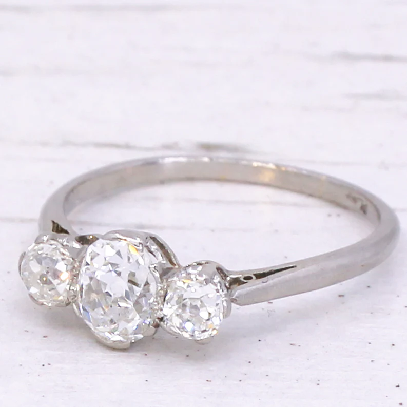 Art Deco 1.35 Carat Old Cut Diamond Three Stone Ring, circa 1920