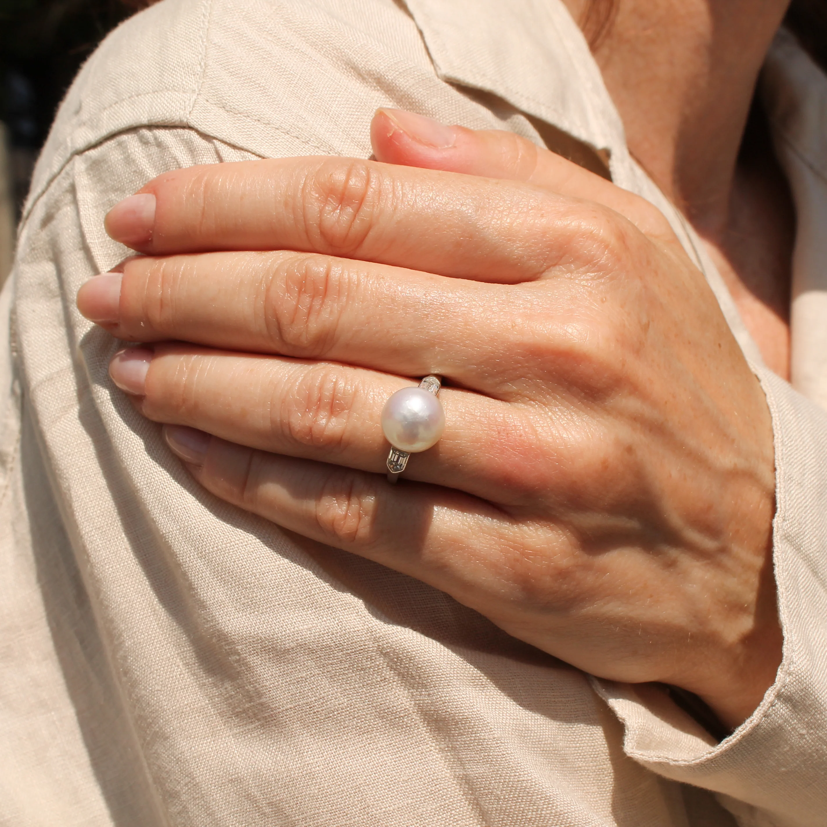 Art Deco Natural Pearl & Diamond Solitaire Ring, circa 1915 - Image 8