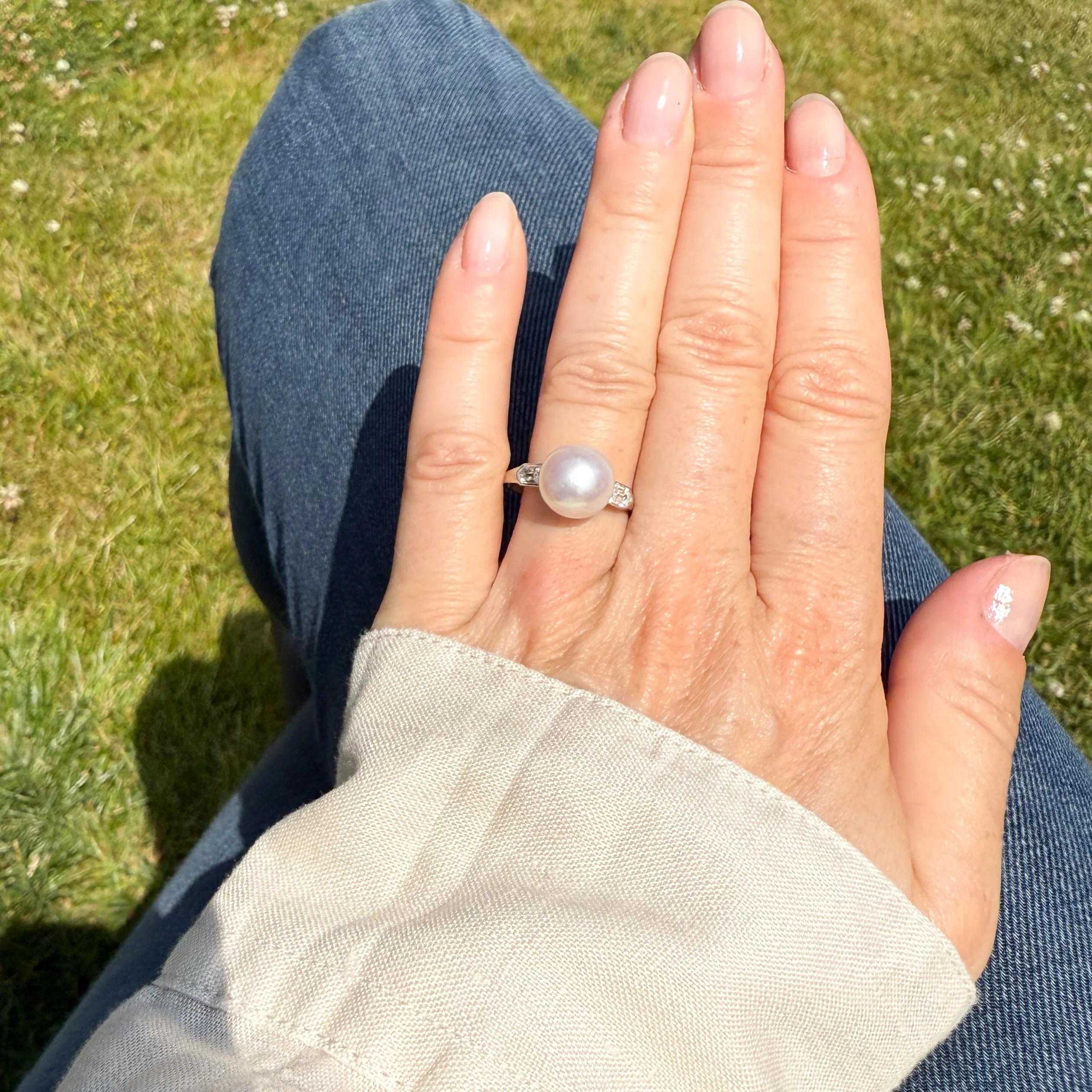Art Deco Natural Pearl & Diamond Solitaire Ring, circa 1915 - Image 9