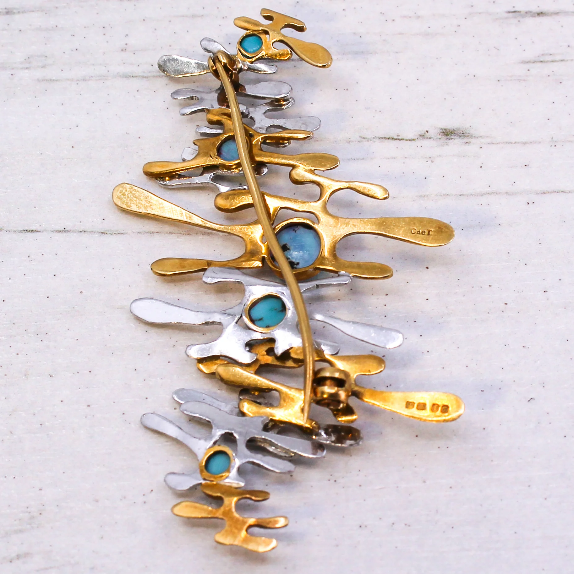 Charles de Temple Abstract 18k Gold & Turquoise Brooch, dated 1969 - Image 5