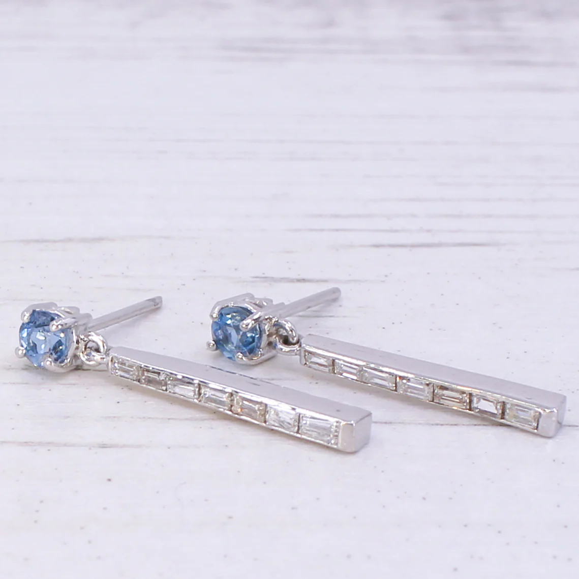 Mid Century 0.54 Carat Aquamarine & Baguette Cut Diamond Drop Earrings, circa 1950 - Image 3