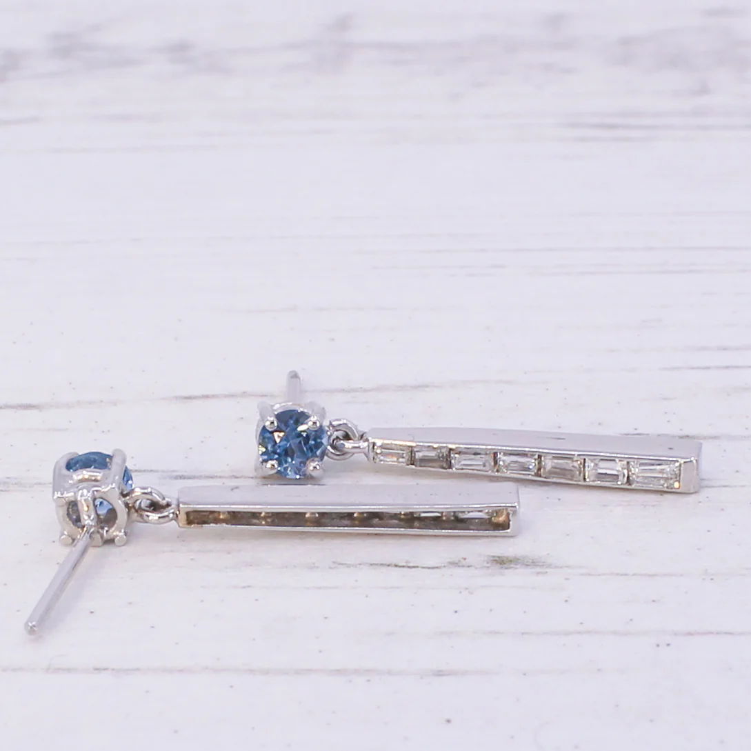 Mid Century 0.54 Carat Aquamarine & Baguette Cut Diamond Drop Earrings, circa 1950 - Image 5