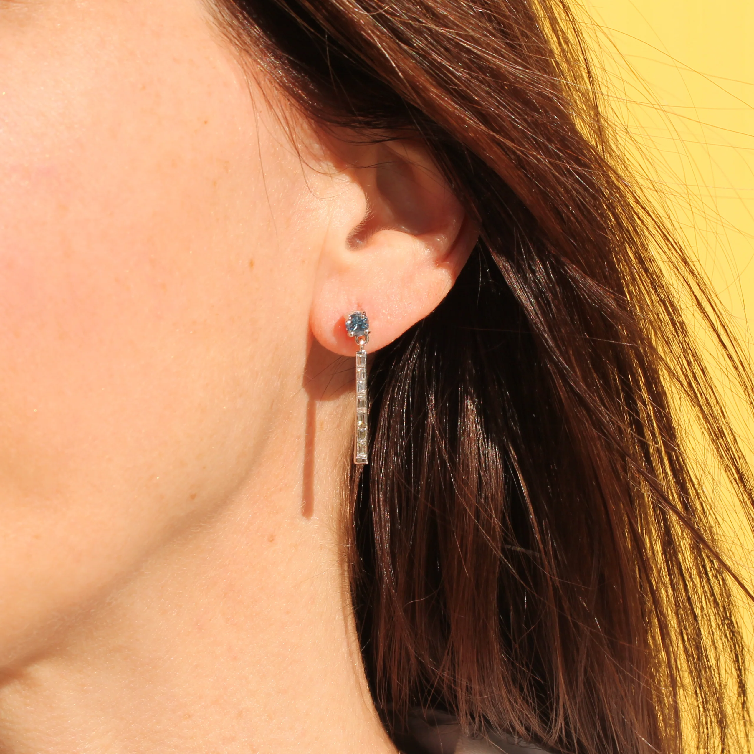 Mid Century 0.54 Carat Aquamarine & Baguette Cut Diamond Drop Earrings, circa 1950 - Image 6