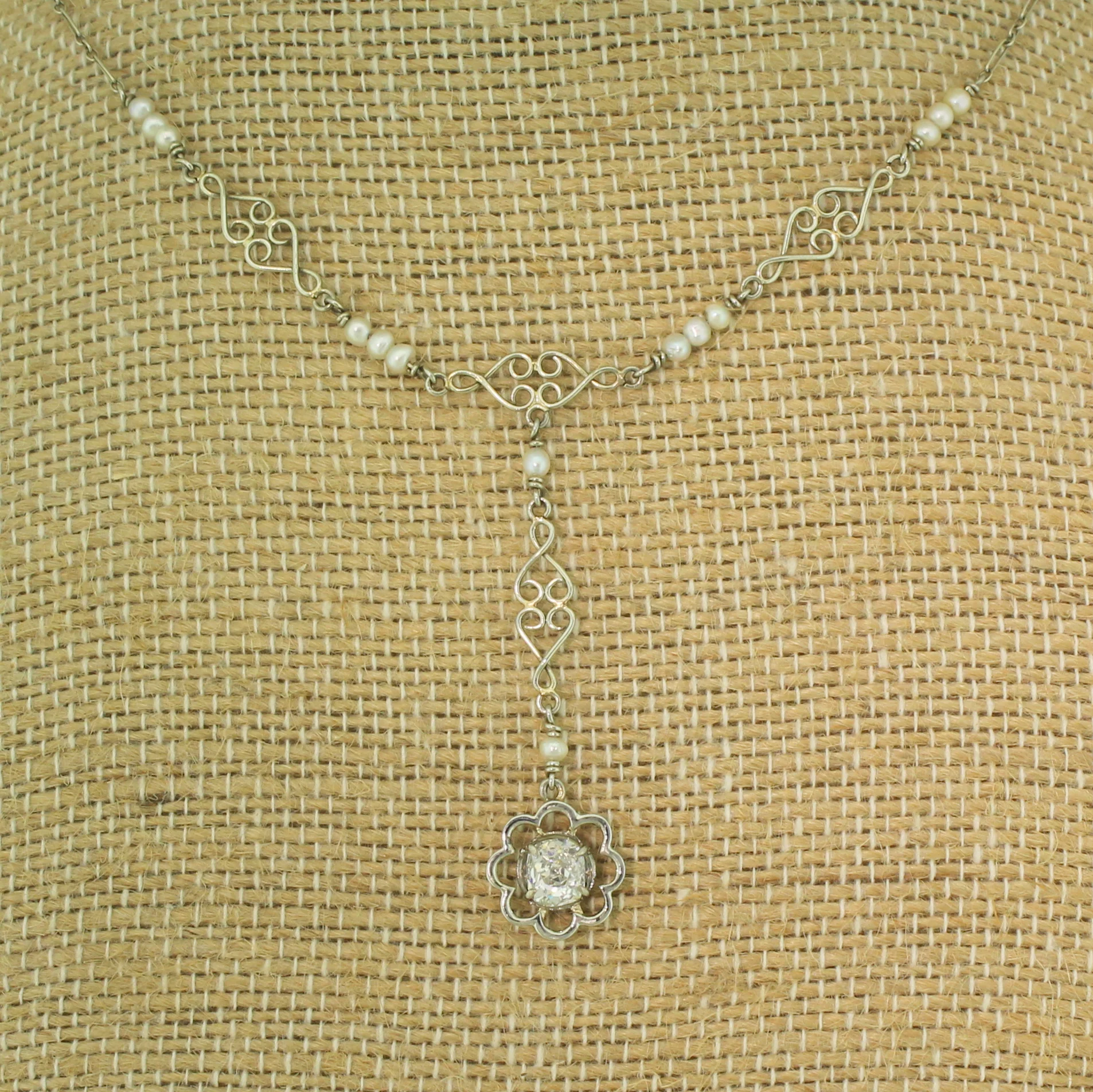Mid Century 0.65 Carat Old Cut Diamond & Seed Pearl Necklace, circa 1950 - Image 3