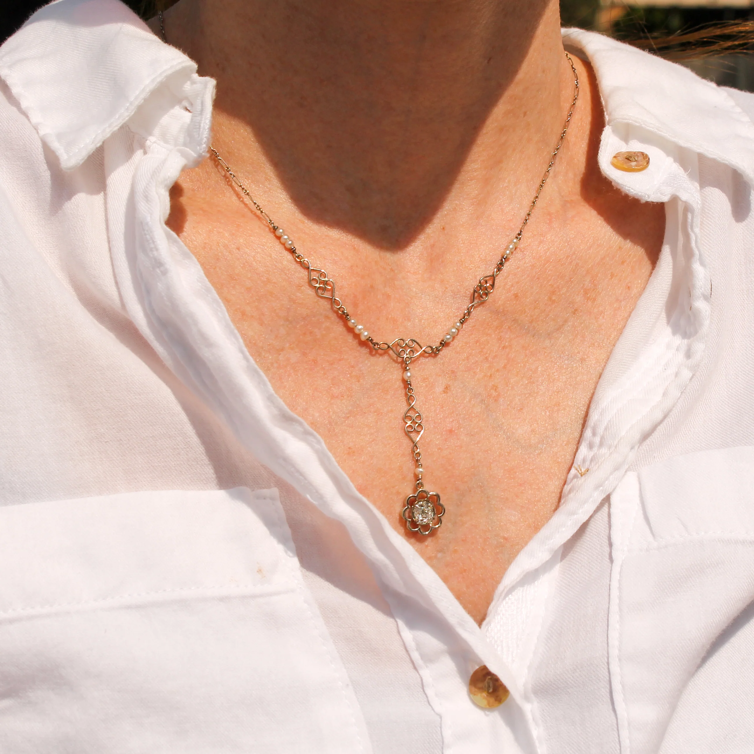 Mid Century 0.65 Carat Old Cut Diamond & Seed Pearl Necklace, circa 1950 - Image 4