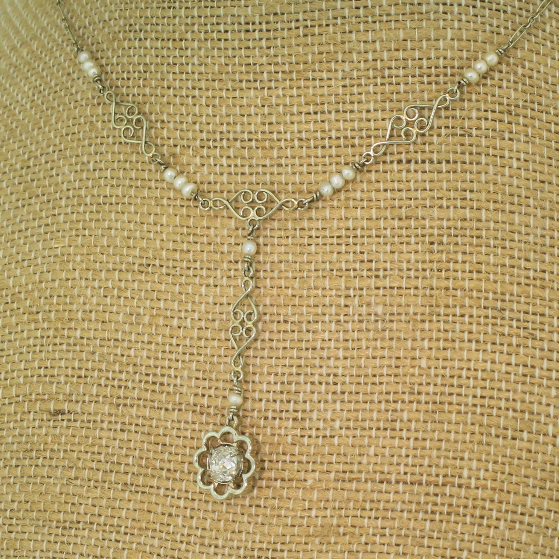 Mid Century 0.65 Carat Old Cut Diamond & Seed Pearl Necklace, circa 1950 - Image 5