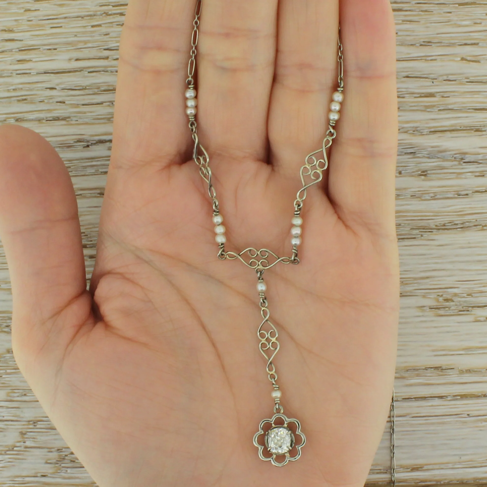 Mid Century 0.65 Carat Old Cut Diamond & Seed Pearl Necklace, circa 1950 - Image 7