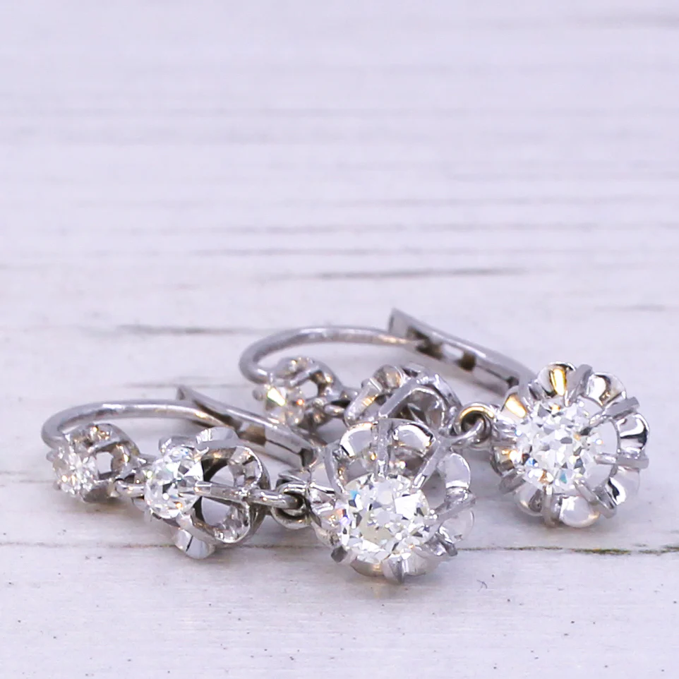 Mid Century 0.76 Carat Old Cut Diamond Lever-Back Earrings, circa 1950 - Image 4