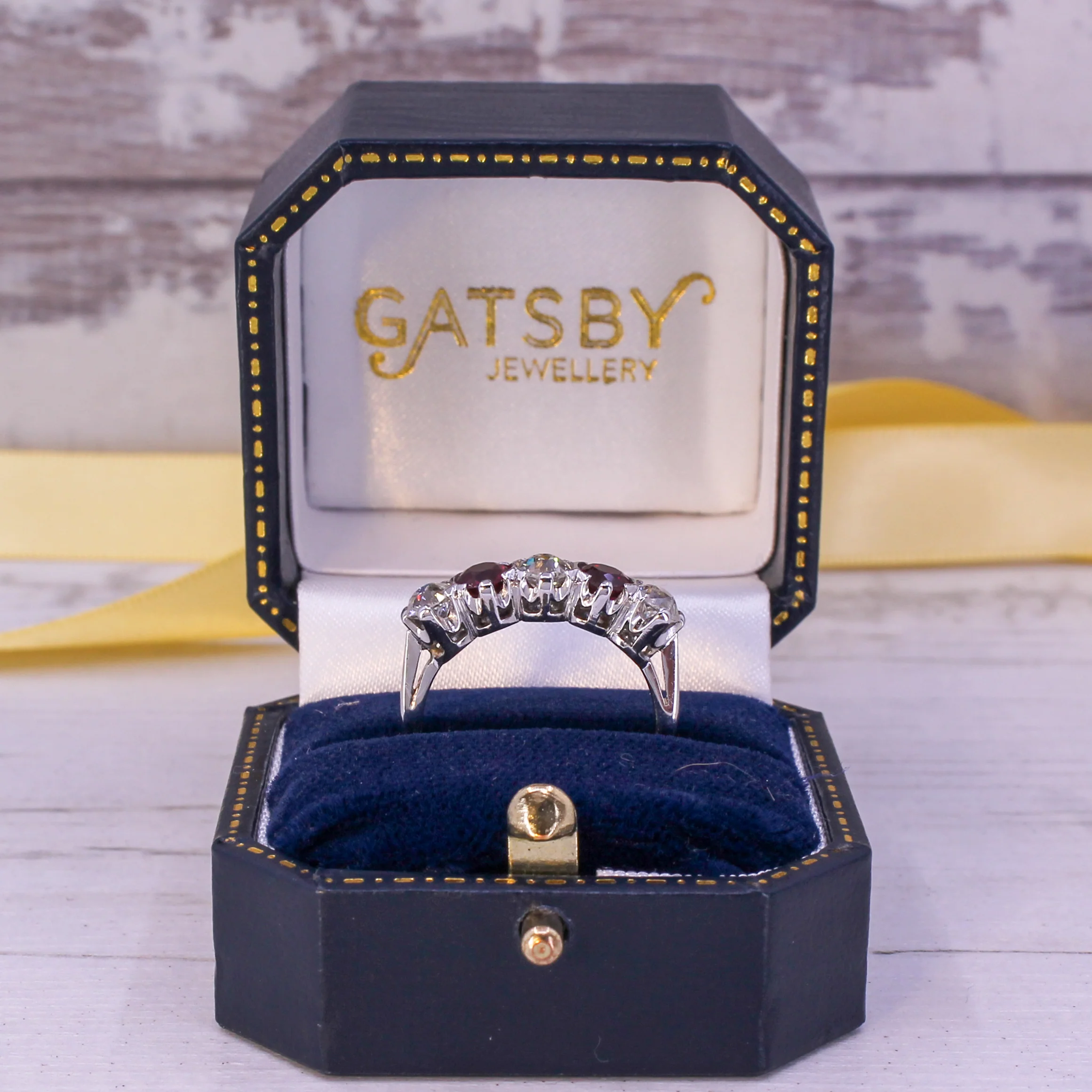 Mid Century 1.14 Old Cut Diamond & 0.68 Carat Ruby Five Stone Ring, circa 1955 - Image 8