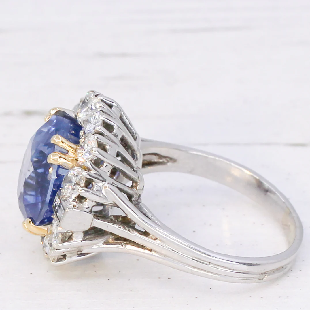 Mid Century 10.87 Carat Natural Ceylon Sapphire & Diamond Cluster Ring, circa 1965 - Image 4