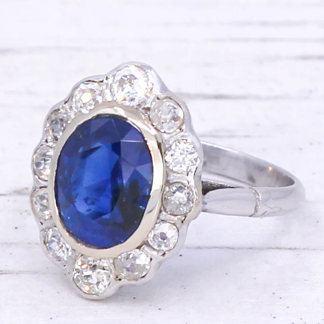 Mid Century 2.30 Carat Burmese Sapphire & Diamond Cluster Ring, circa 1950