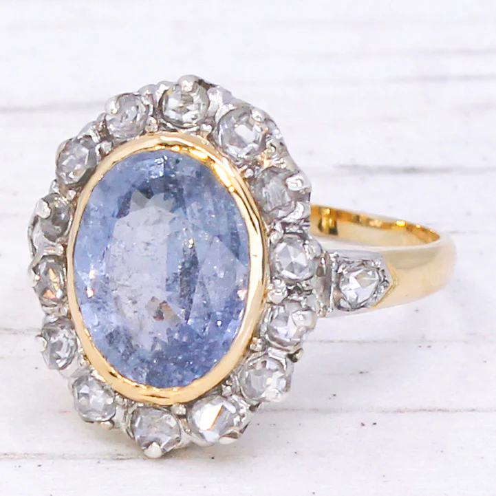 Mid Century 4.19 Carat Natural Sapphire & Rose Cut Diamond Cluster Ring, circa 1960