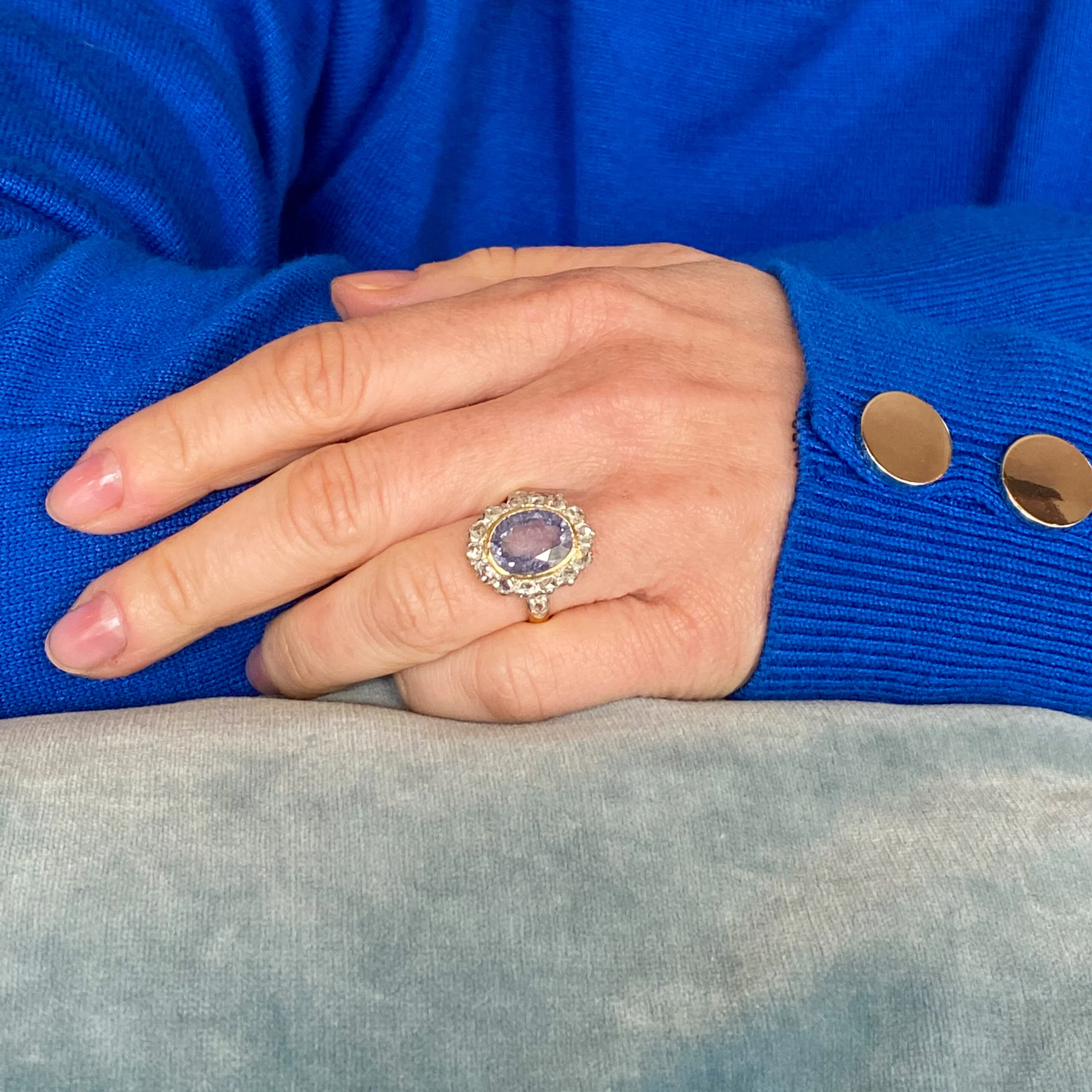 Mid Century 4.19 Carat Natural Sapphire & Rose Cut Diamond Cluster Ring, circa 1960 - Image 8