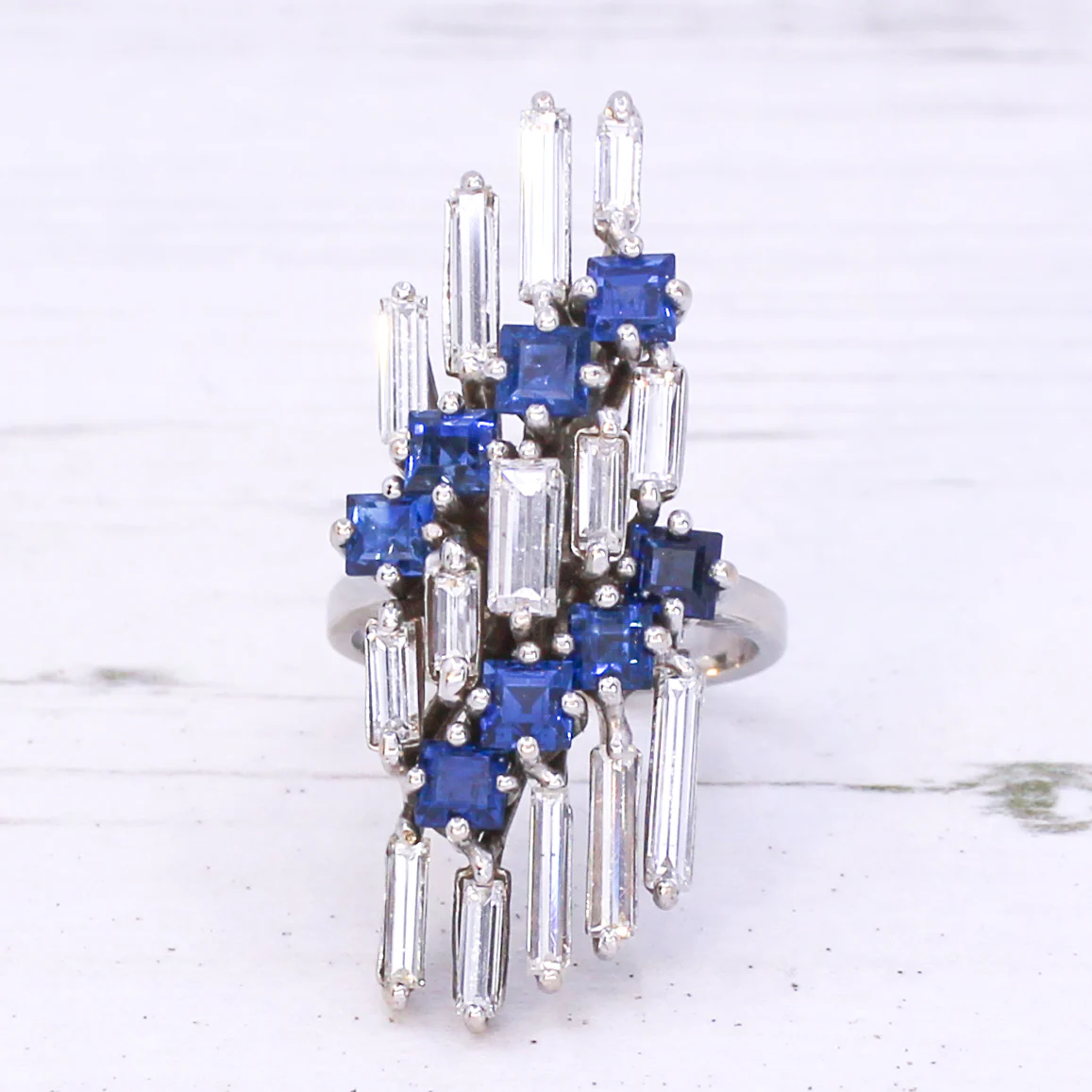 Mid Century Baguette Cut Diamond & Sapphire Cocktail Ring, circa 1965 - Image 3