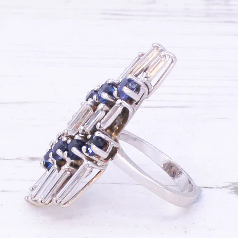 Mid Century Baguette Cut Diamond & Sapphire Cocktail Ring, circa 1965 - Image 4