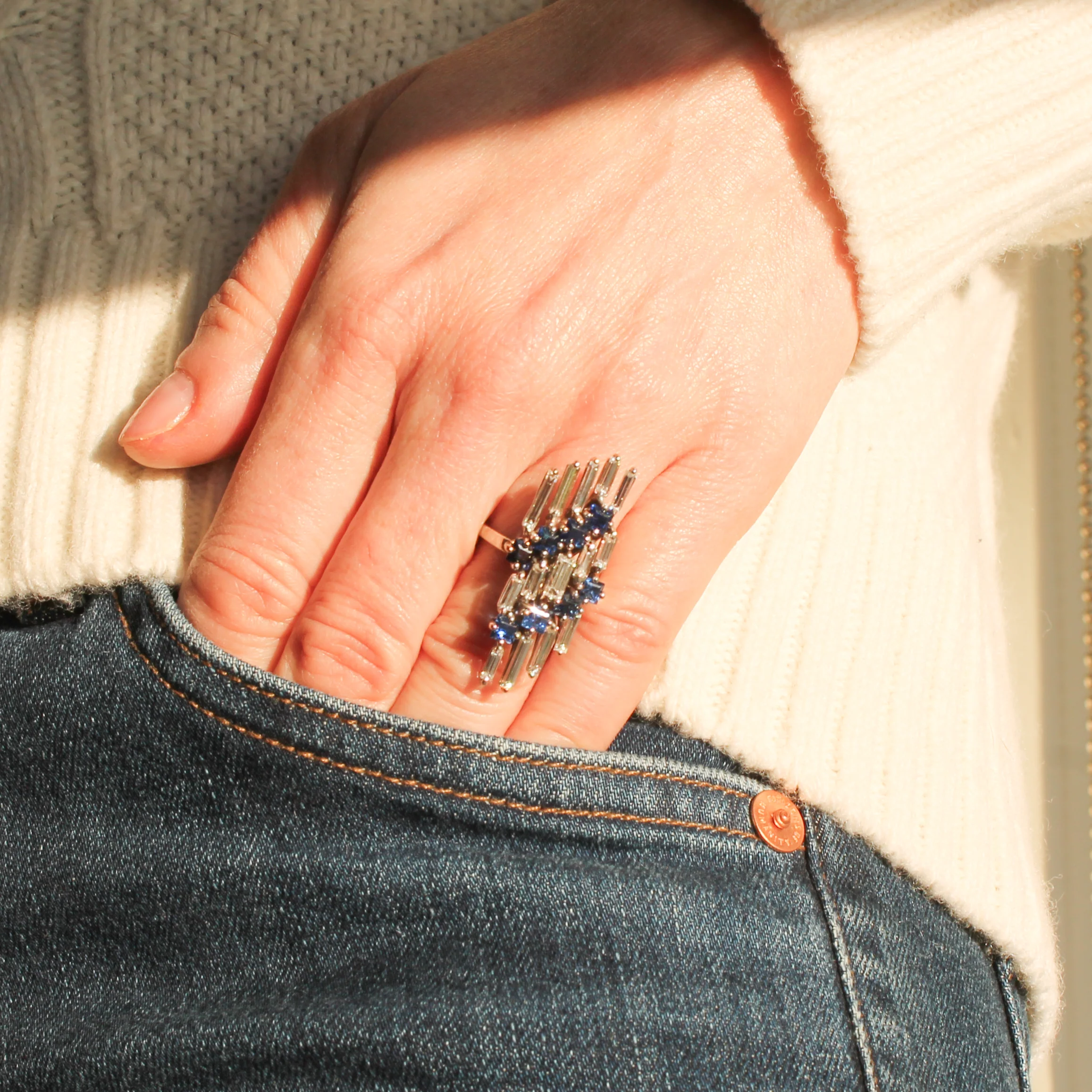 Mid Century Baguette Cut Diamond & Sapphire Cocktail Ring, circa 1965 - Image 6
