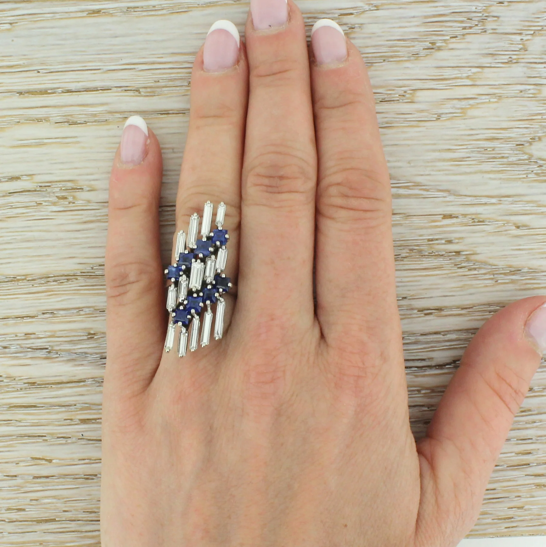Mid Century Baguette Cut Diamond & Sapphire Cocktail Ring, circa 1965 - Image 7