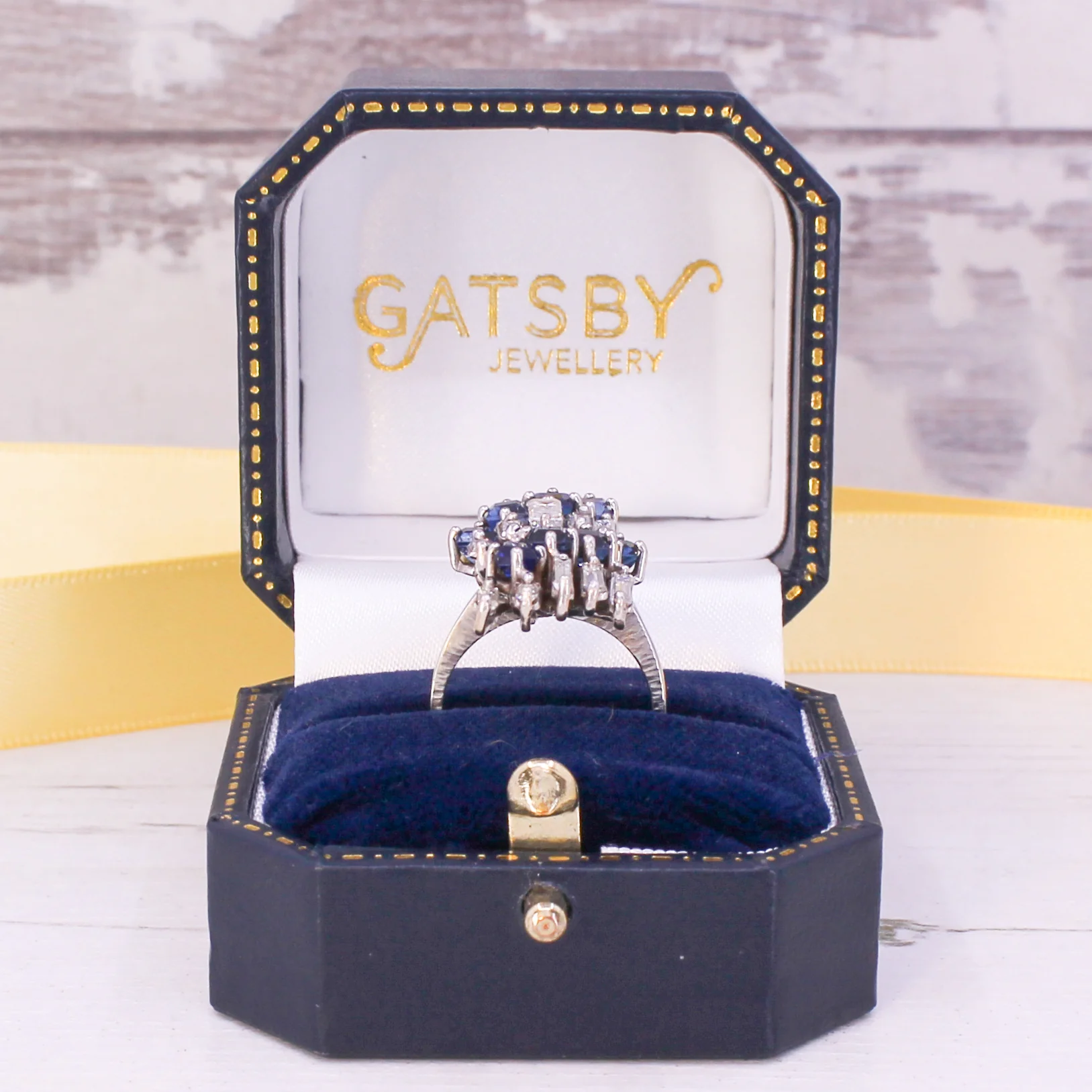 Mid Century Baguette Cut Diamond & Sapphire Cocktail Ring, circa 1965 - Image 8