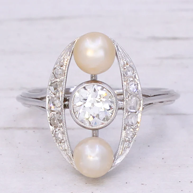 Mid Century Natural Pearl & Old Cut Diamond Ring, circa 1950 - Image 3