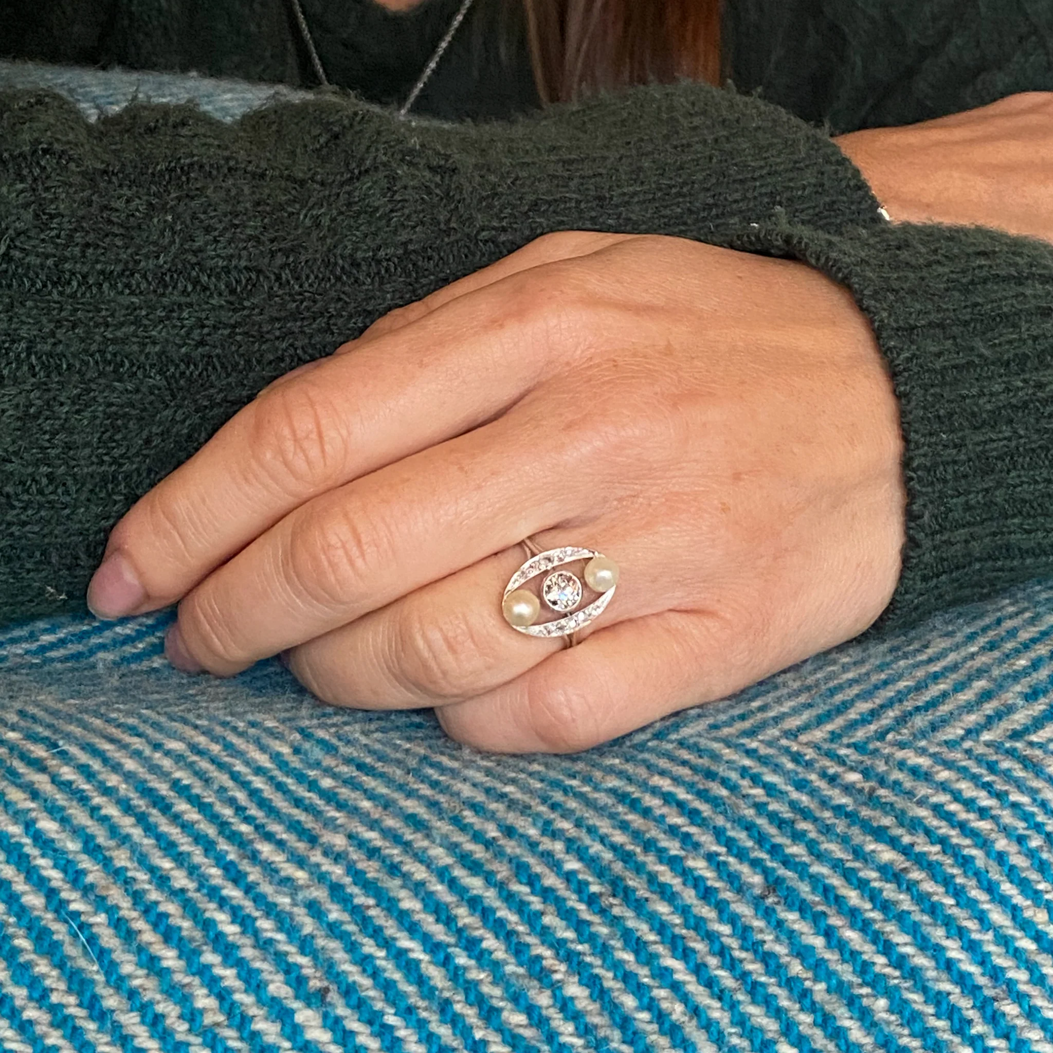 Mid Century Natural Pearl & Old Cut Diamond Ring, circa 1950 - Image 6