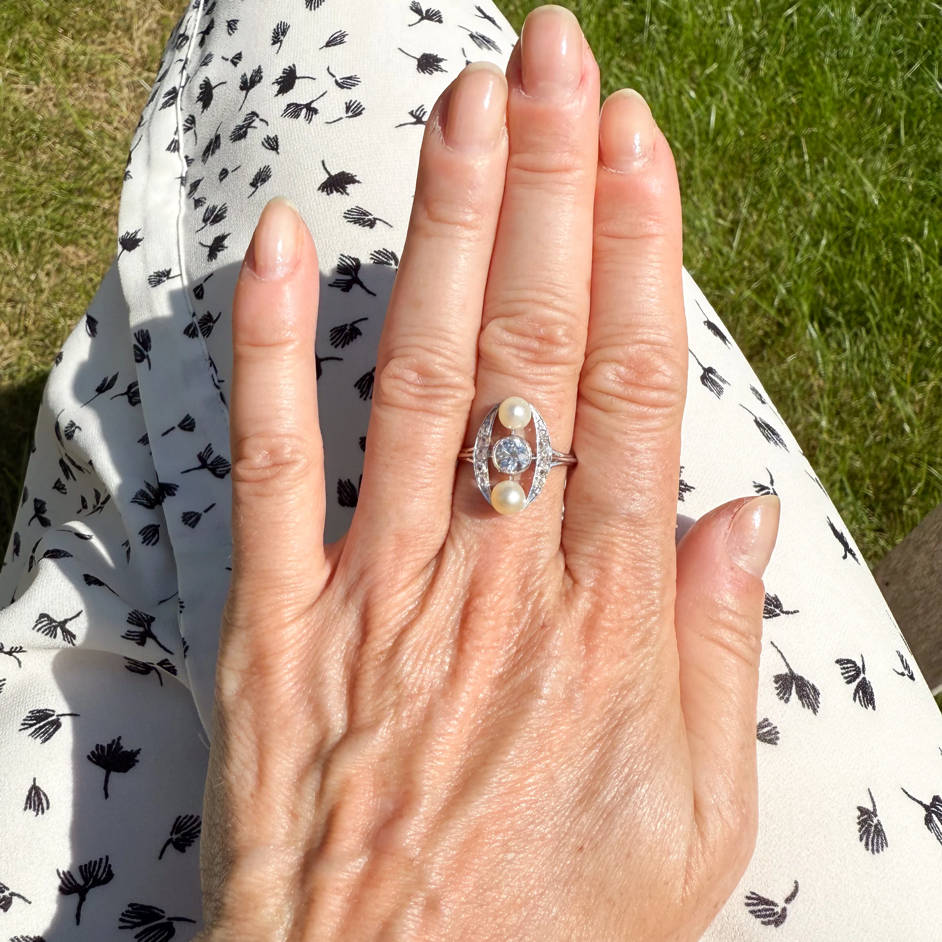 Mid Century Natural Pearl & Old Cut Diamond Ring, circa 1950 - Image 7