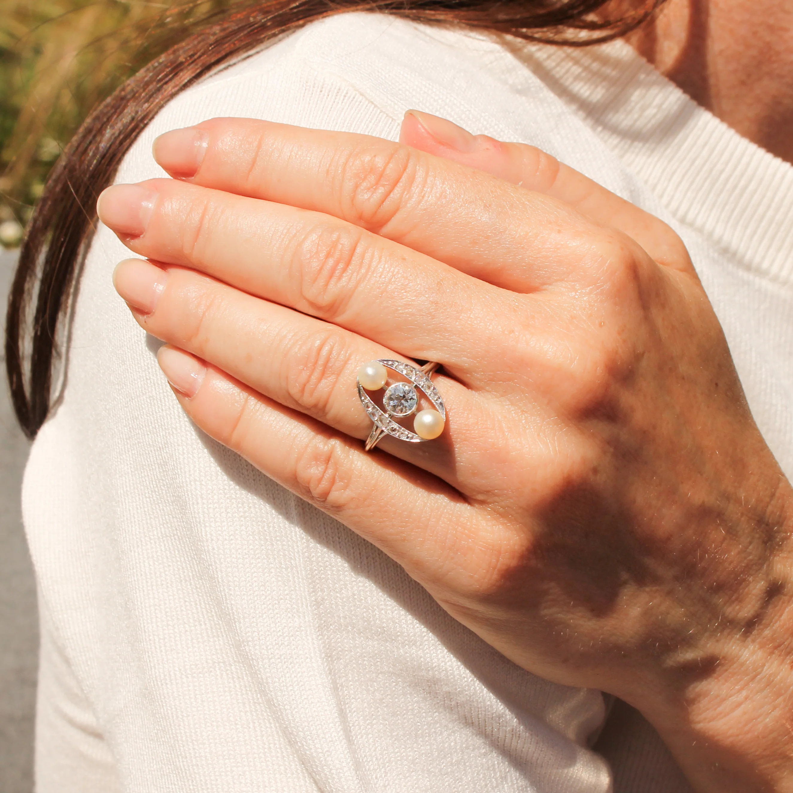 Mid Century Natural Pearl & Old Cut Diamond Ring, circa 1950 - Image 8