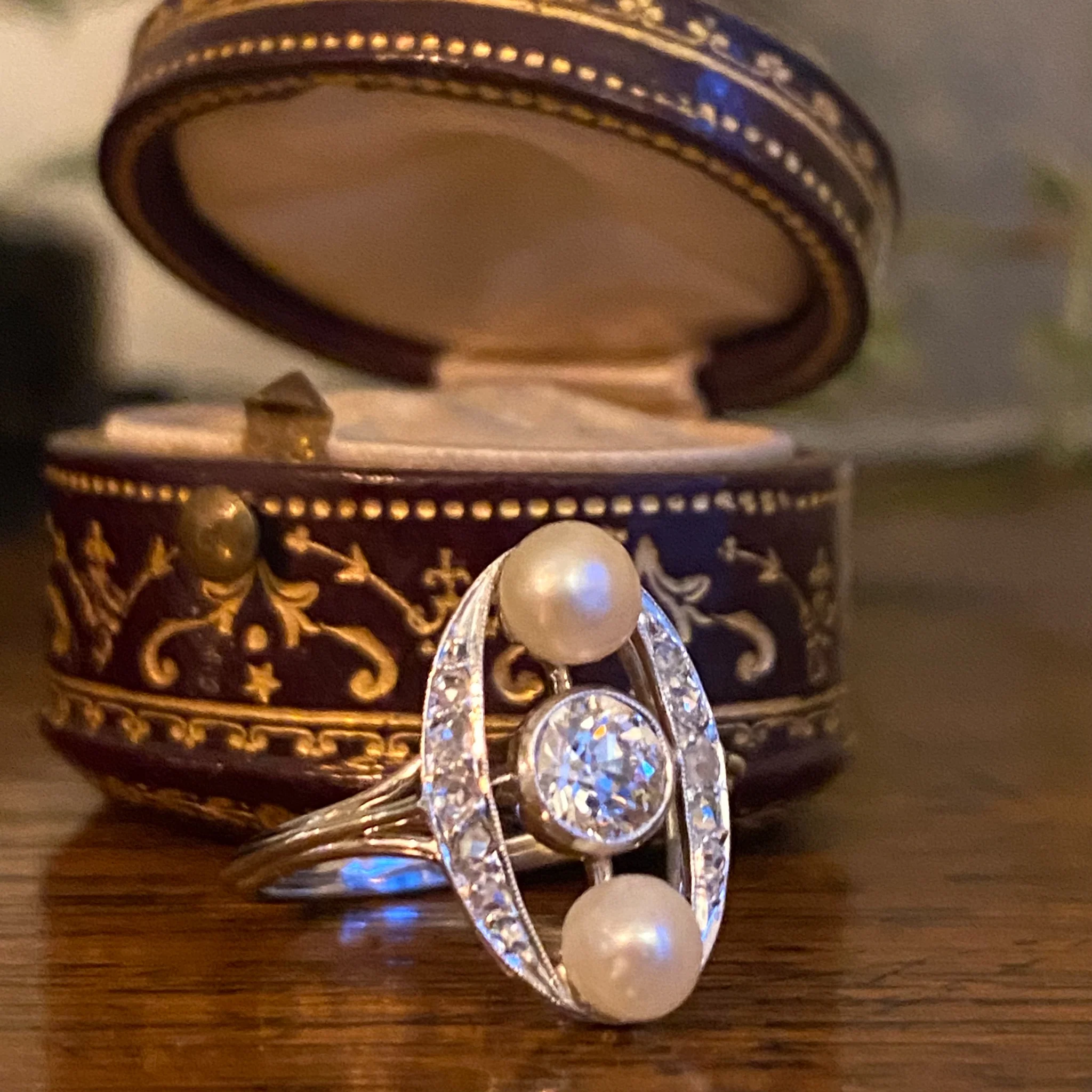 Mid Century Natural Pearl & Old Cut Diamond Ring, circa 1950 - Image 9