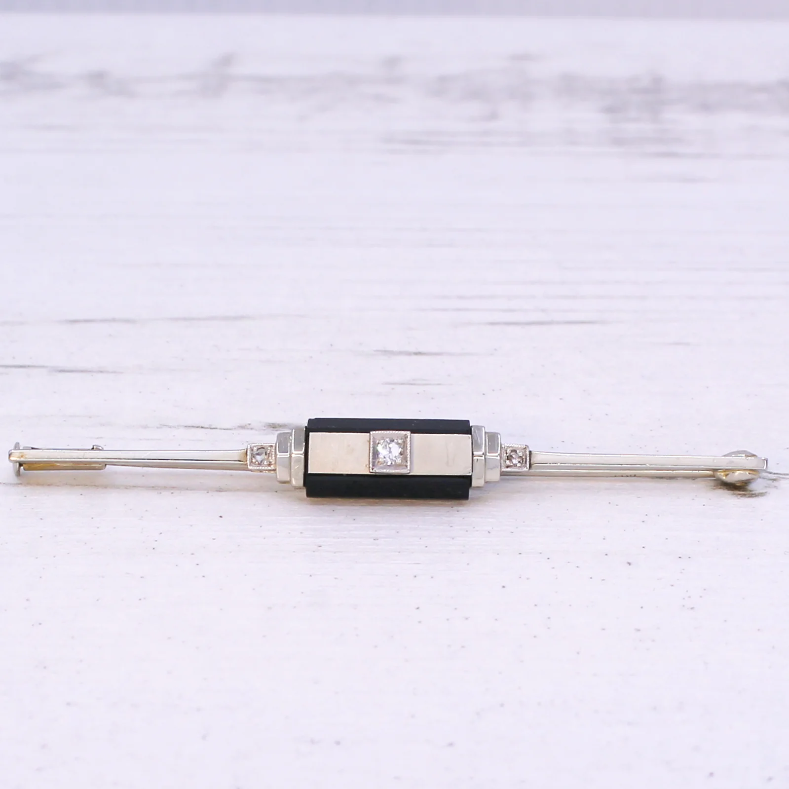Mid Century Old Cut Diamond & Onyx Pin Brooch, circa 1960 - Image 3