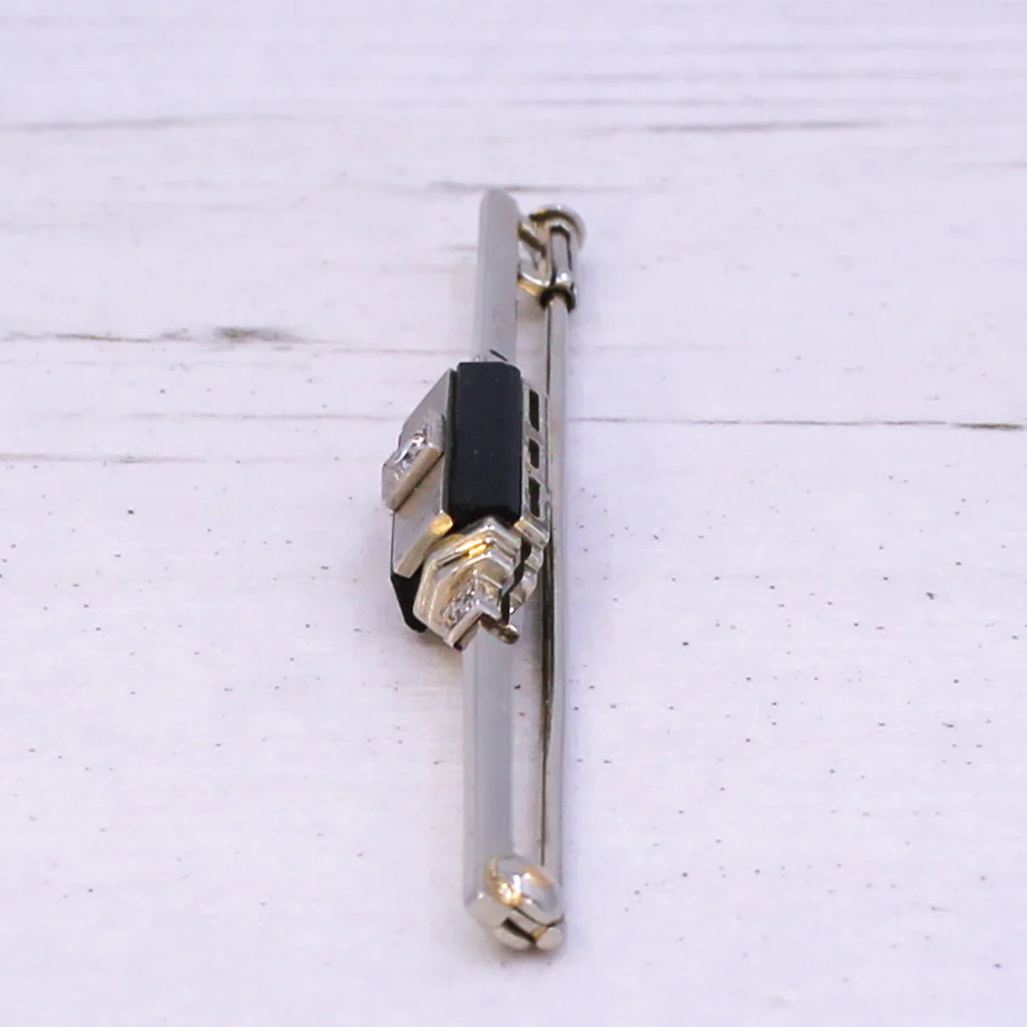 Mid Century Old Cut Diamond & Onyx Pin Brooch, circa 1960 - Image 4