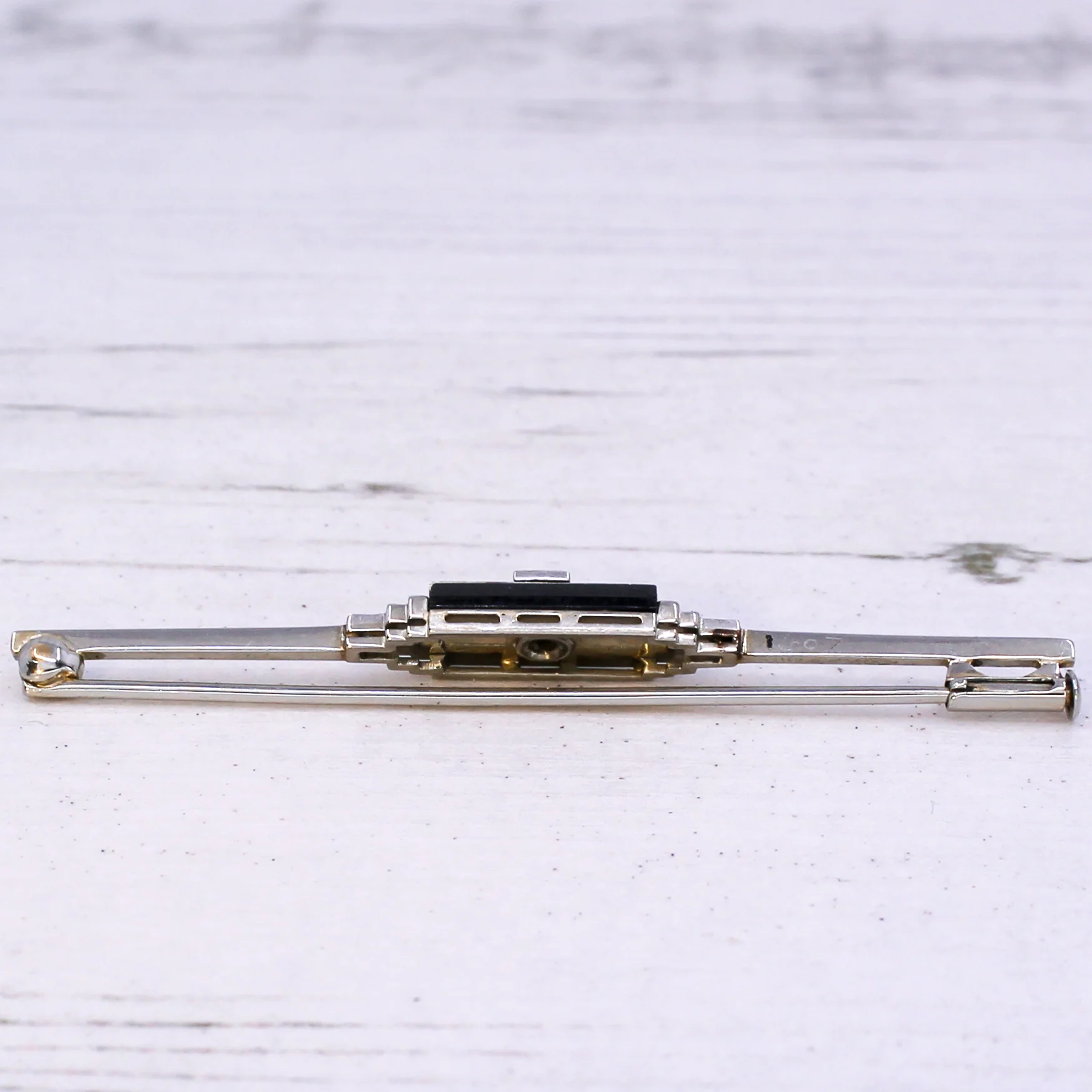 Mid Century Old Cut Diamond & Onyx Pin Brooch, circa 1960 - Image 5