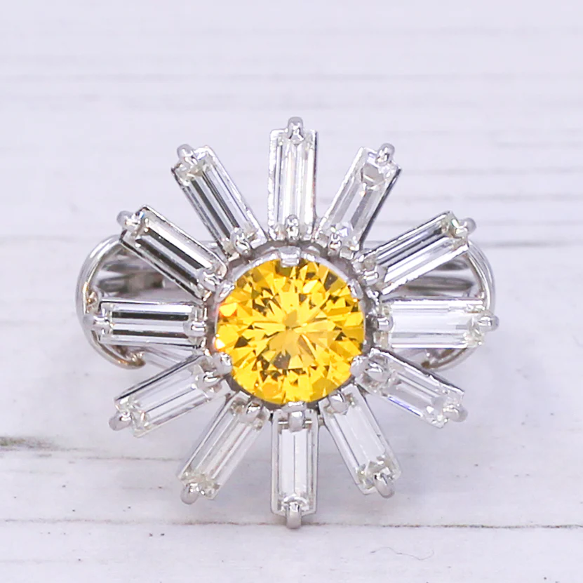 Mid Century Yellow Sapphire & Baguette Cut Diamond "Sunshine" Ring, circa 1970 - Image 3