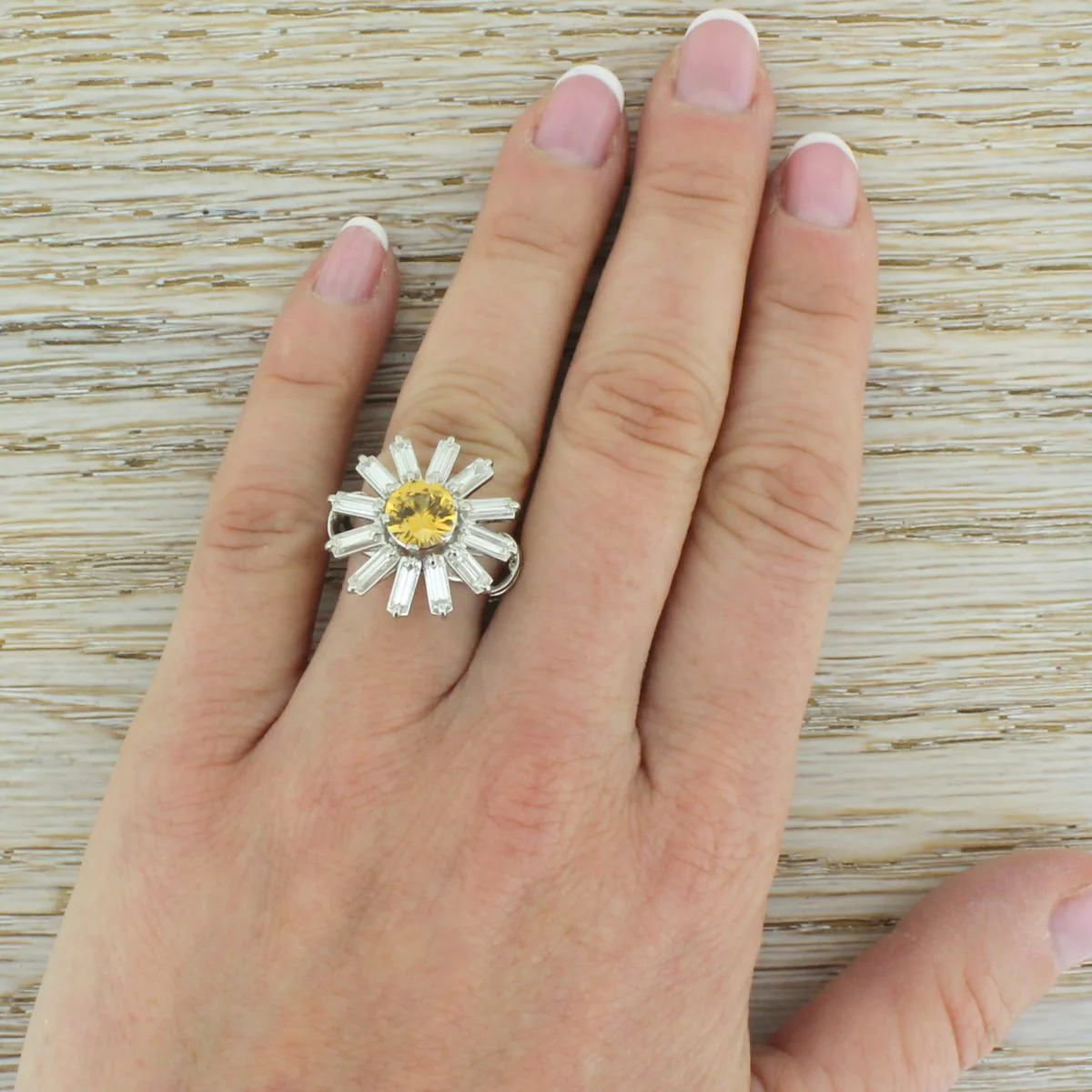 Mid Century Yellow Sapphire & Baguette Cut Diamond "Sunshine" Ring, circa 1970 - Image 6