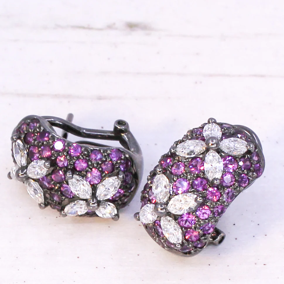 Modern Marquise Cut Diamond & Pink Sapphire Earrings, 18k Gold - Image 3