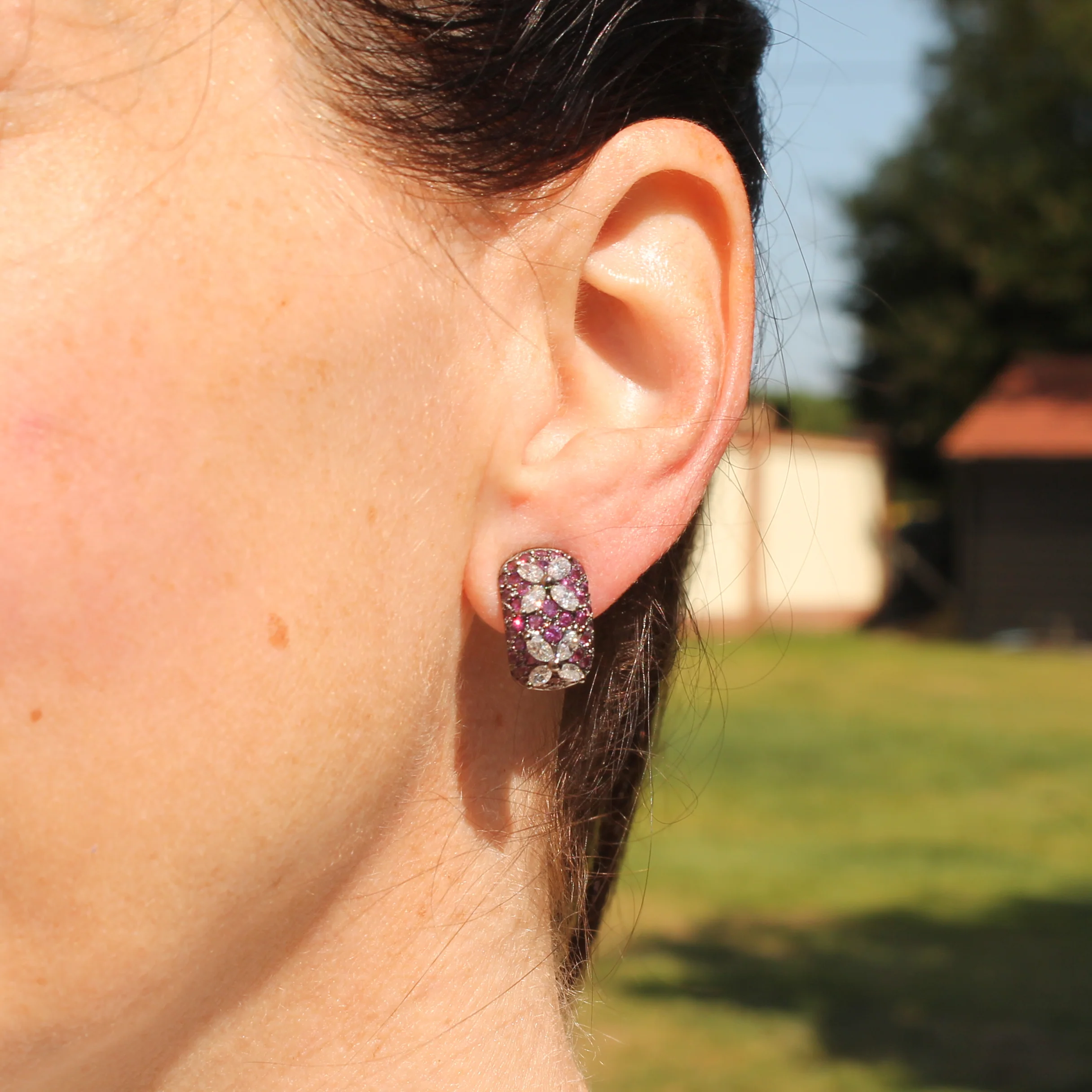 Modern Marquise Cut Diamond & Pink Sapphire Earrings, 18k Gold - Image 4