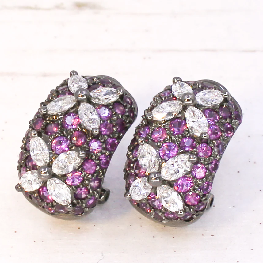 Modern Marquise Cut Diamond & Pink Sapphire Earrings, 18k Gold - Image 5