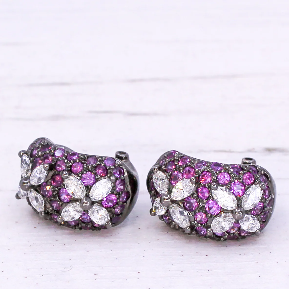 Modern Marquise Cut Diamond & Pink Sapphire Earrings, 18k Gold - Image 6